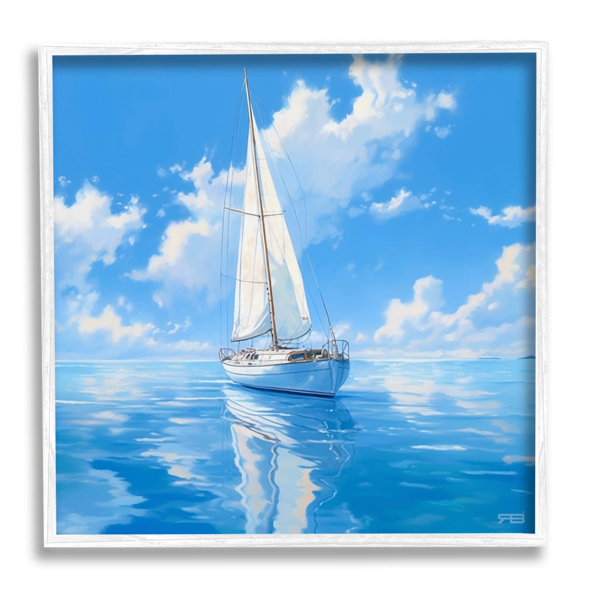 Stupell Industries Vivid Blue Sailboat Reflection Transportation Painting White Framed Art Print Wall Art, 24 x 24