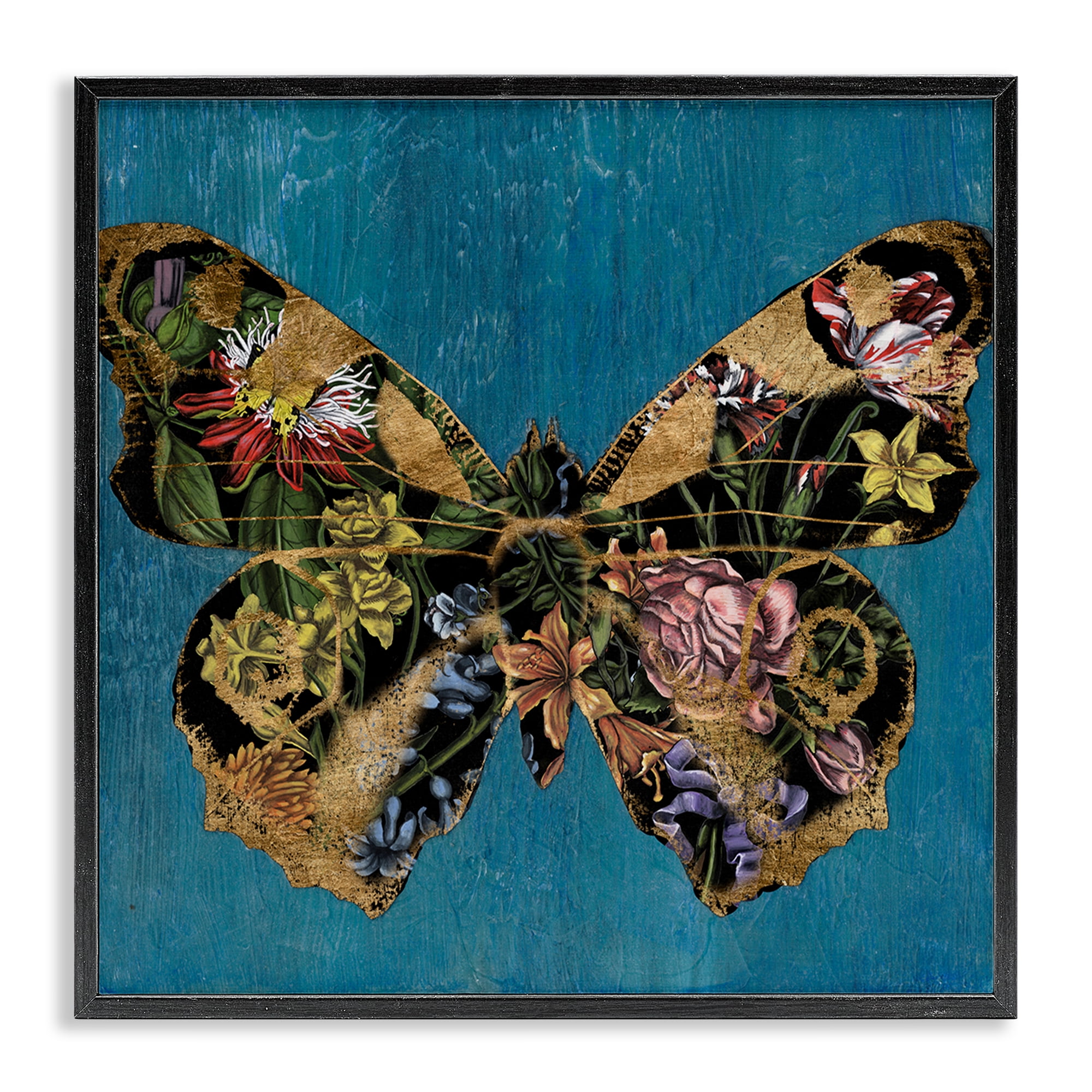 Stupell Industries Vivid Blue with Butterfly Animals Painting Black Framed Art Print Wall Art, 24 x 24