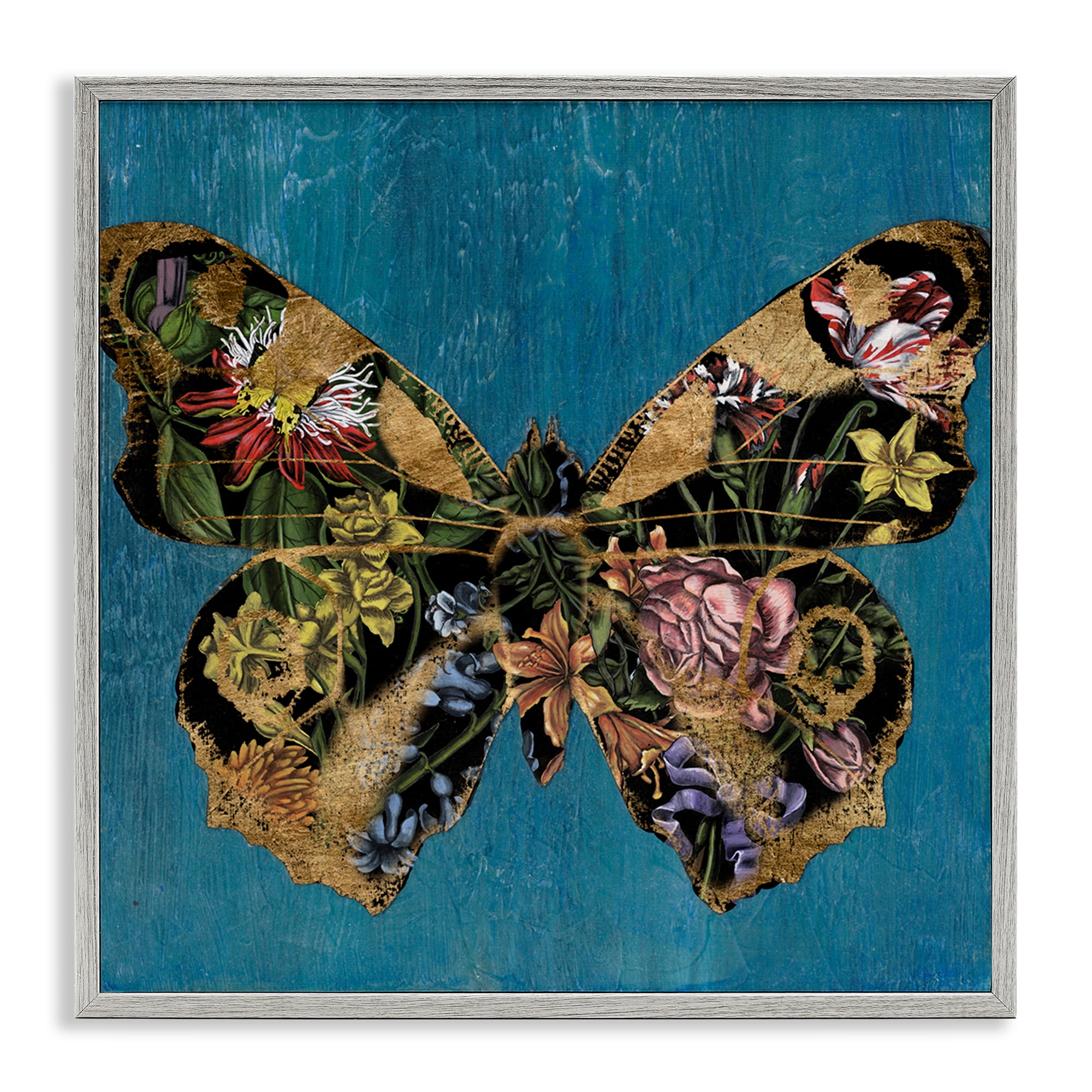 Stupell Industries Vivid Blue with Butterfly Animals Painting Gray Framed Art Print Wall Art, 12 x 12