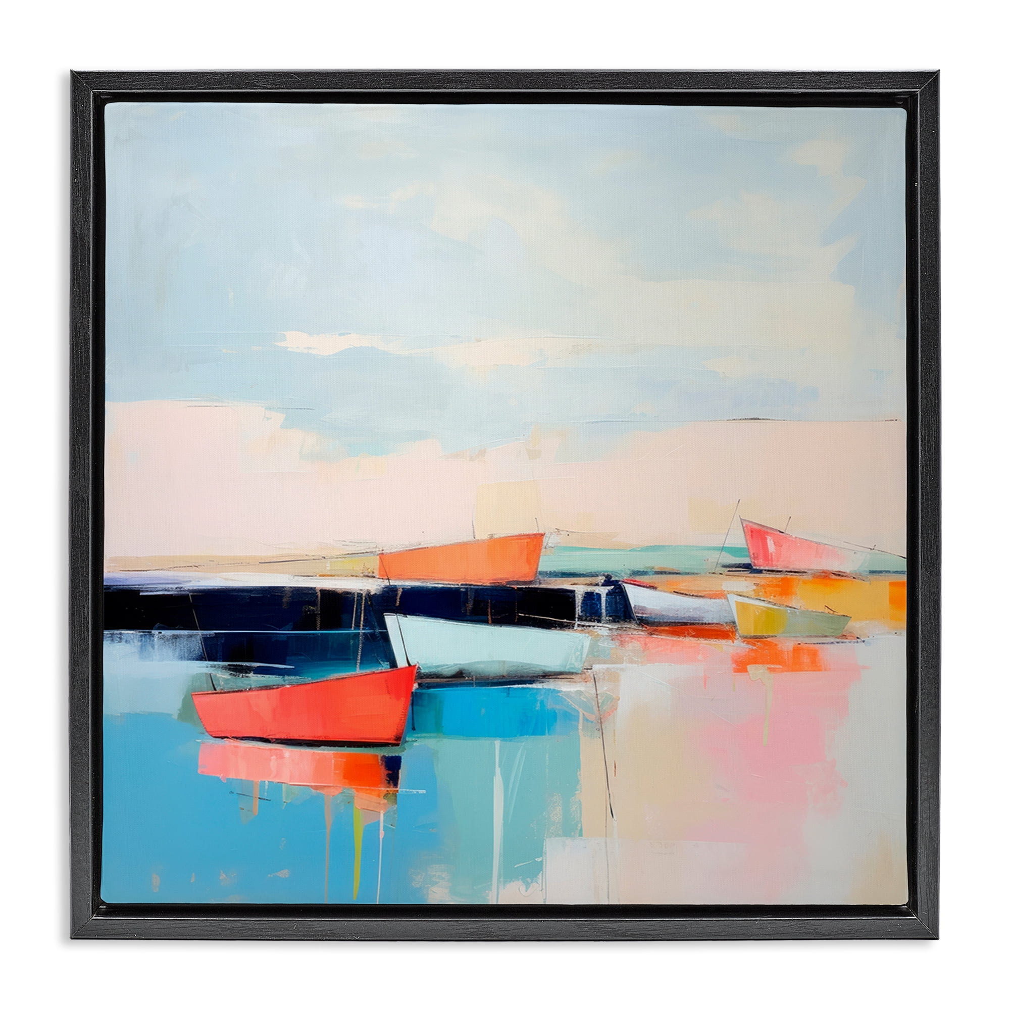 Stupell Industries Vivid Boat Reflection Transportation Painting Black Floater Framed Canvas Art Print Wall Art, 18 x 18
