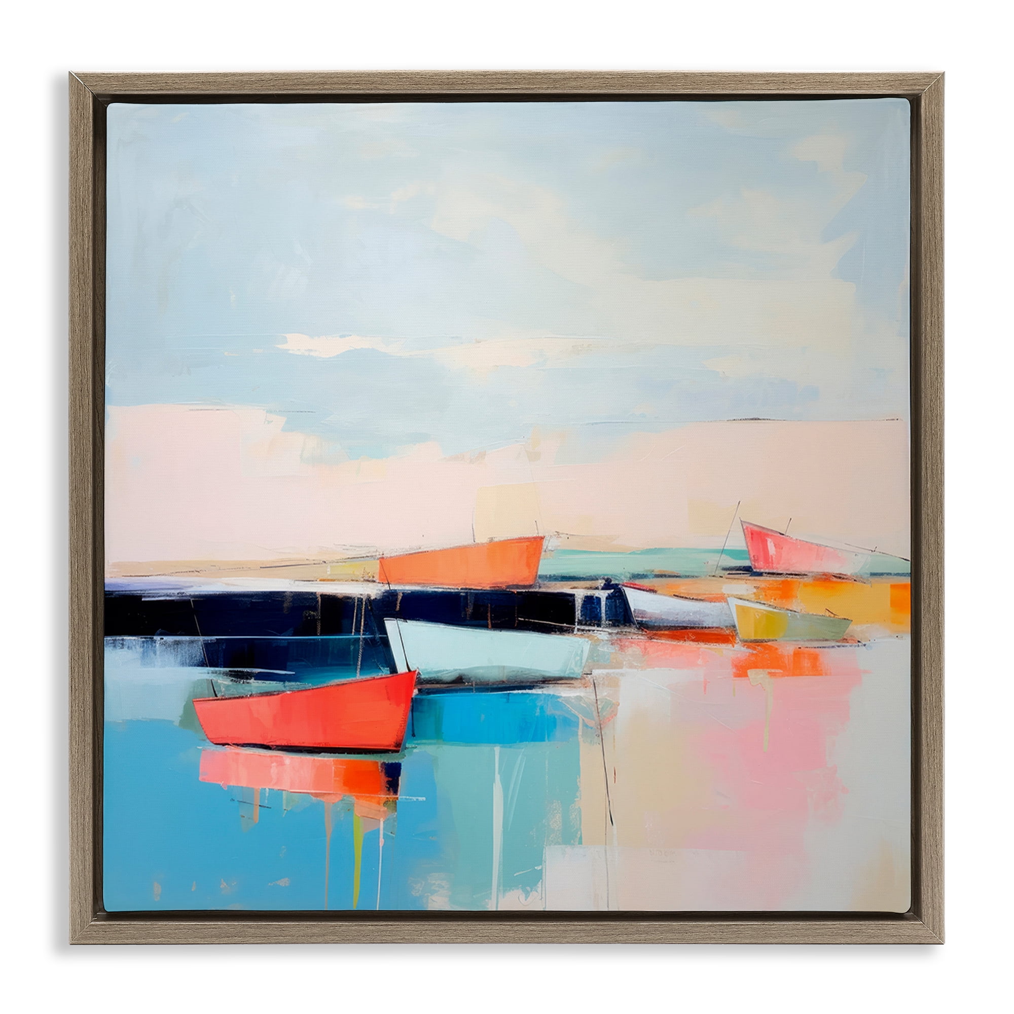 Stupell Industries Vivid Boat Reflection Transportation Painting Brown Floater Framed Canvas Art Print Wall Art, 18 x 18