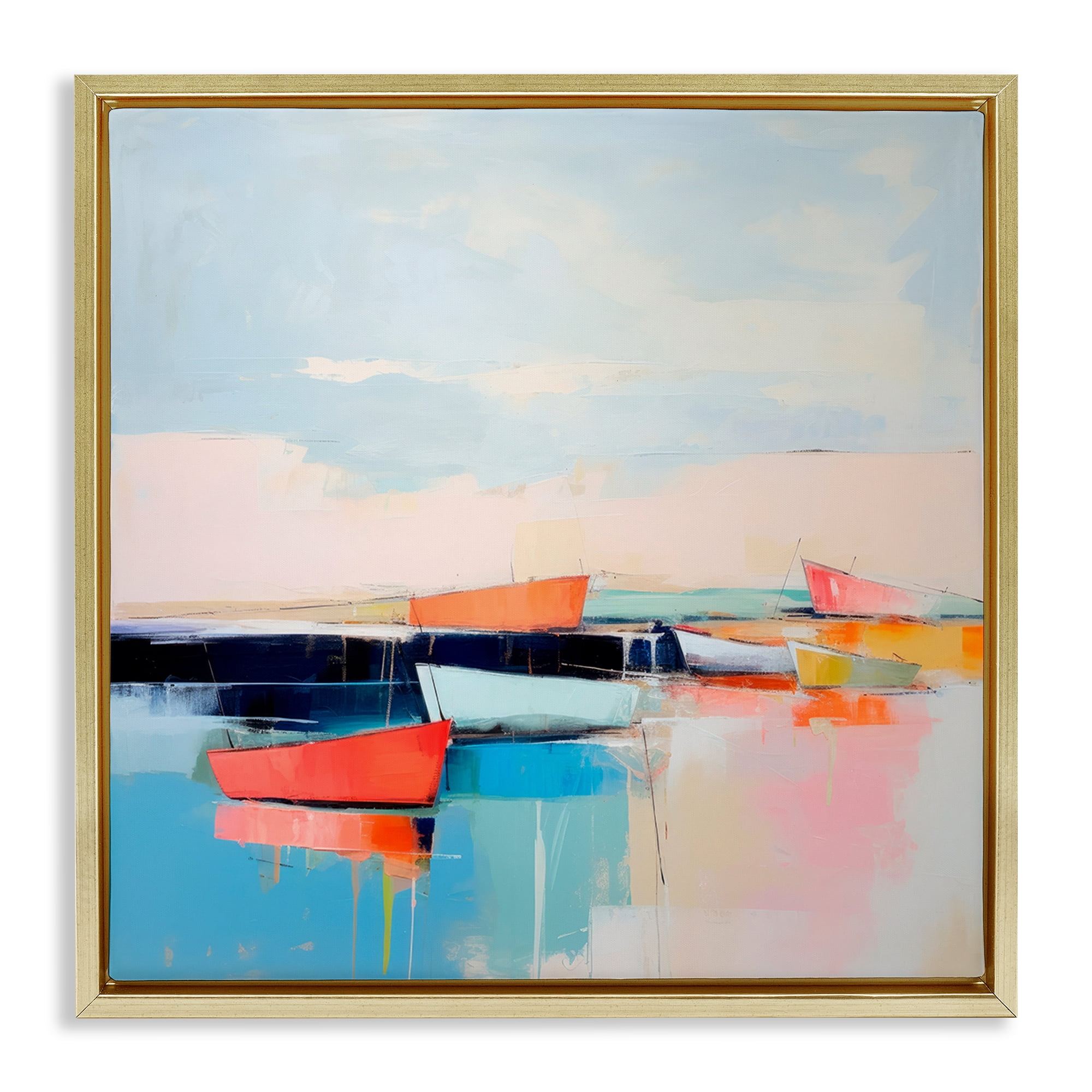 Stupell Industries Vivid Boat Reflection Transportation Painting Gold Floater Framed Canvas Art Print Wall Art, 25 x 25