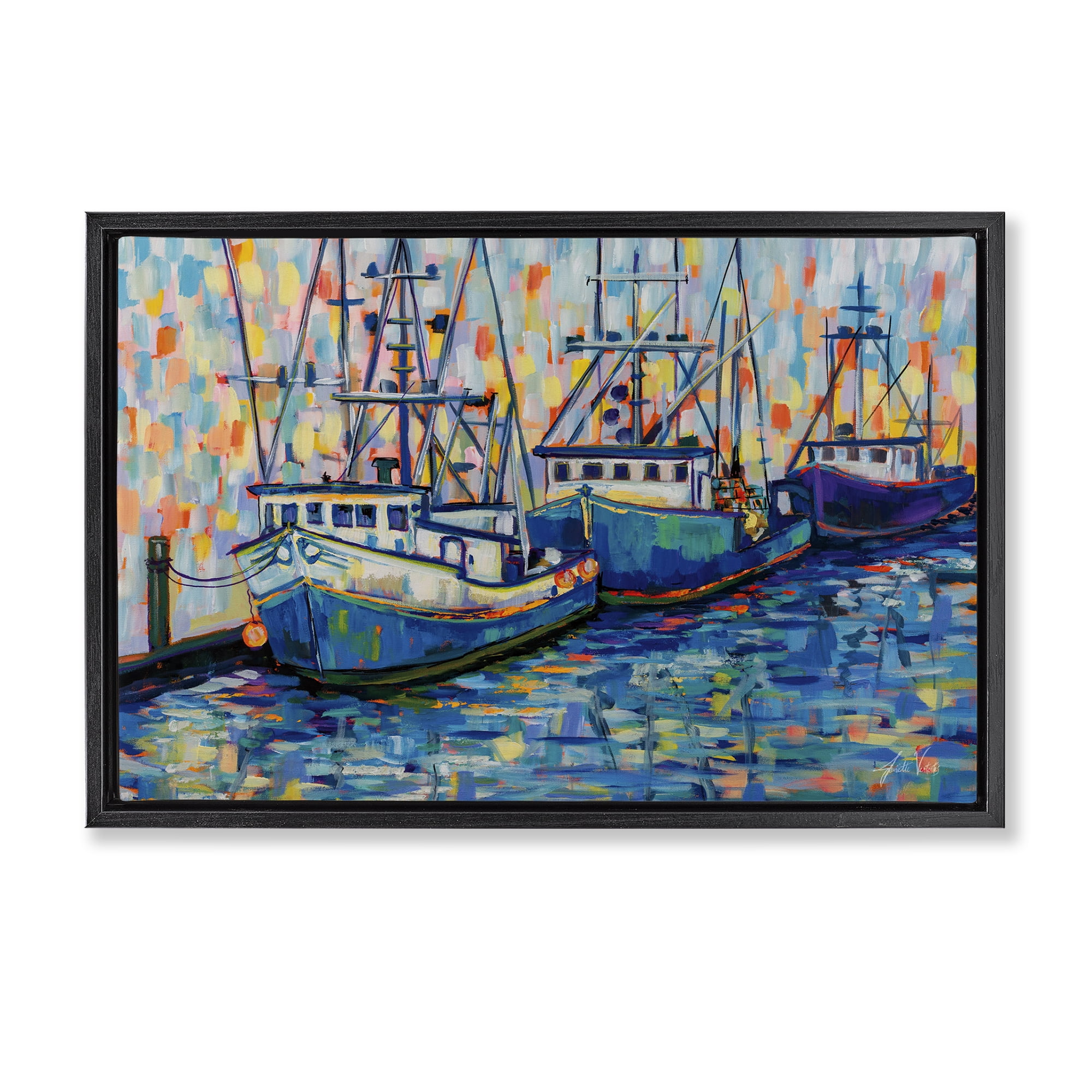 Stupell Industries Vivid Boats in Harbor Transportation Painting Black Floater Framed Canvas Art Print Wall Art, 31 x 21