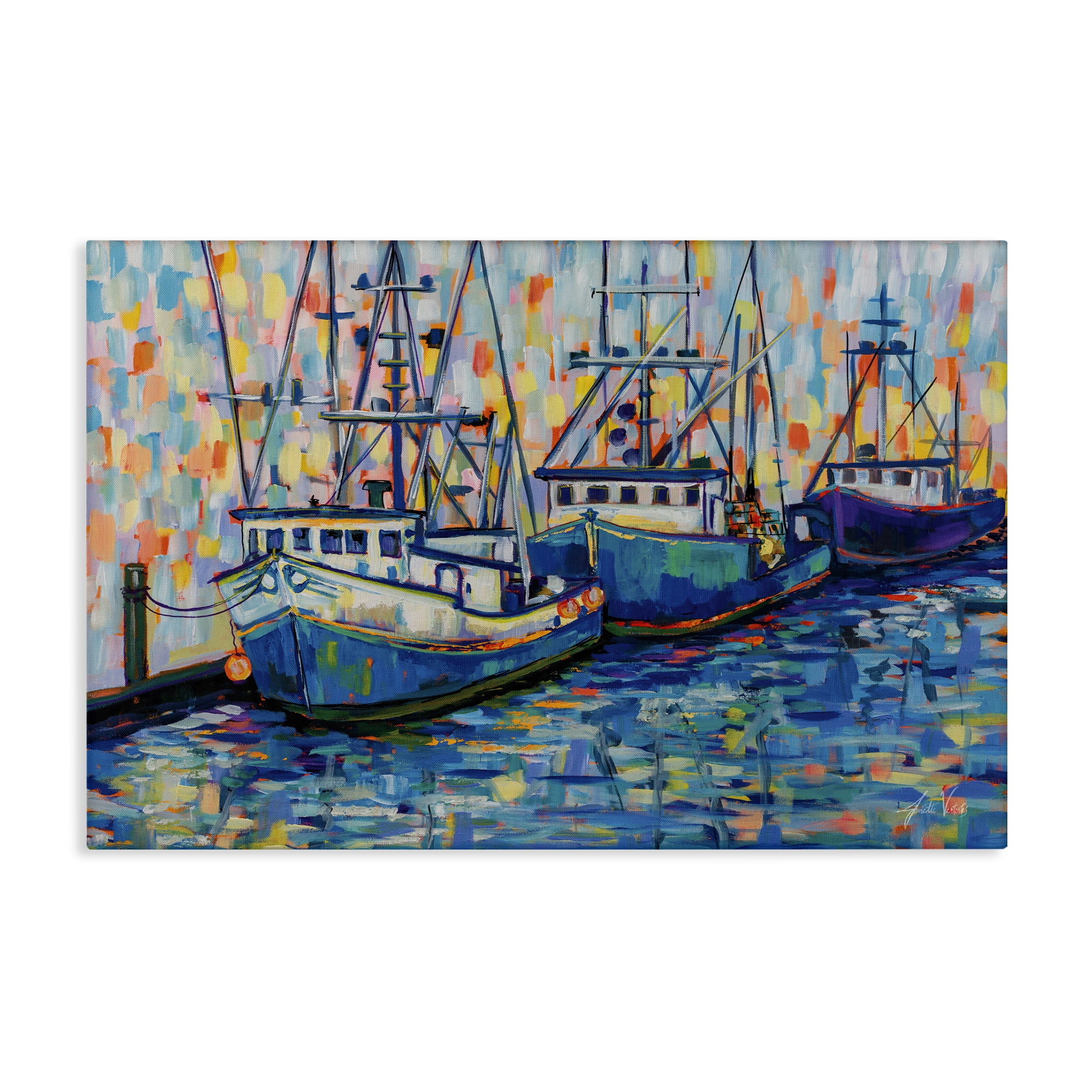 Stupell Industries Vivid Boats in Harbor Transportation Painting Gallery Wrapped Canvas Art Print Wall Art, 30 x 20