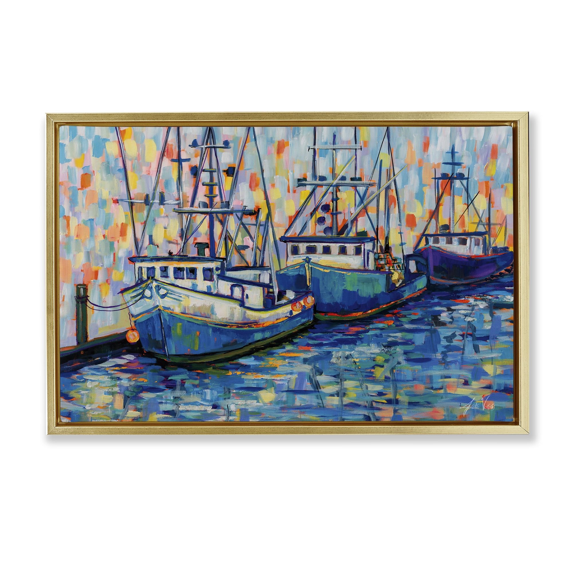Stupell Industries Vivid Boats in Harbor Transportation Painting Gold Floater Framed Canvas Art Print Wall Art, 31 x 21