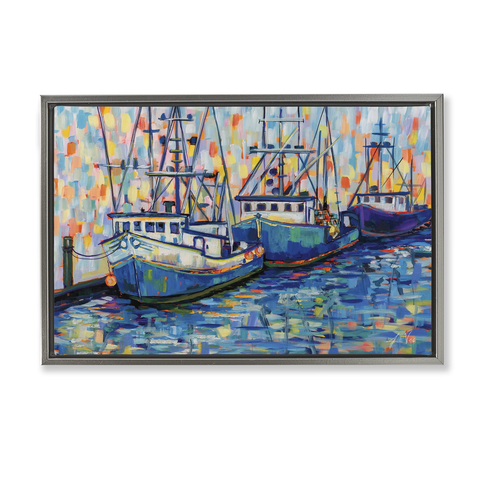 Stupell Industries Vivid Boats in Harbor Transportation Painting Gray Floater Framed Canvas Art Print Wall Art, 25 x 17
