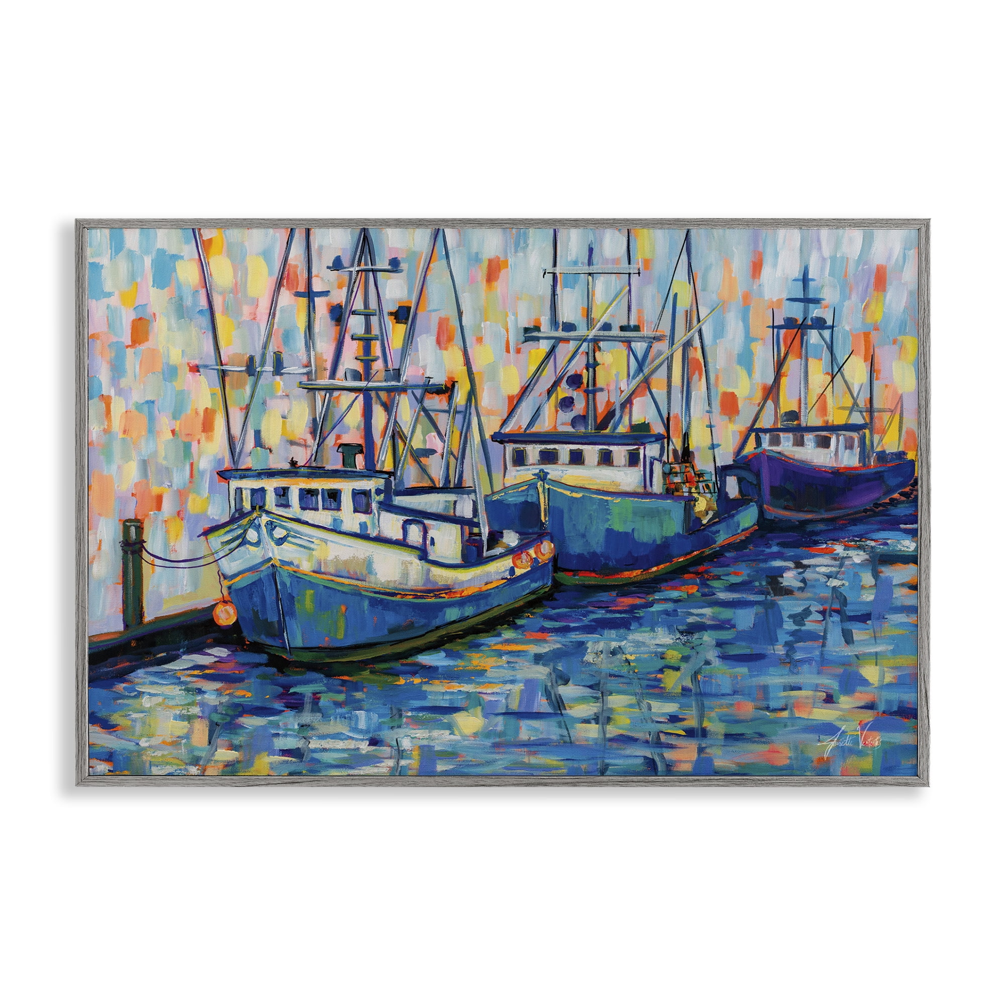 Stupell Industries Vivid Boats in Harbor Transportation Painting Gray Framed Art Print Wall Art, 30 x 20