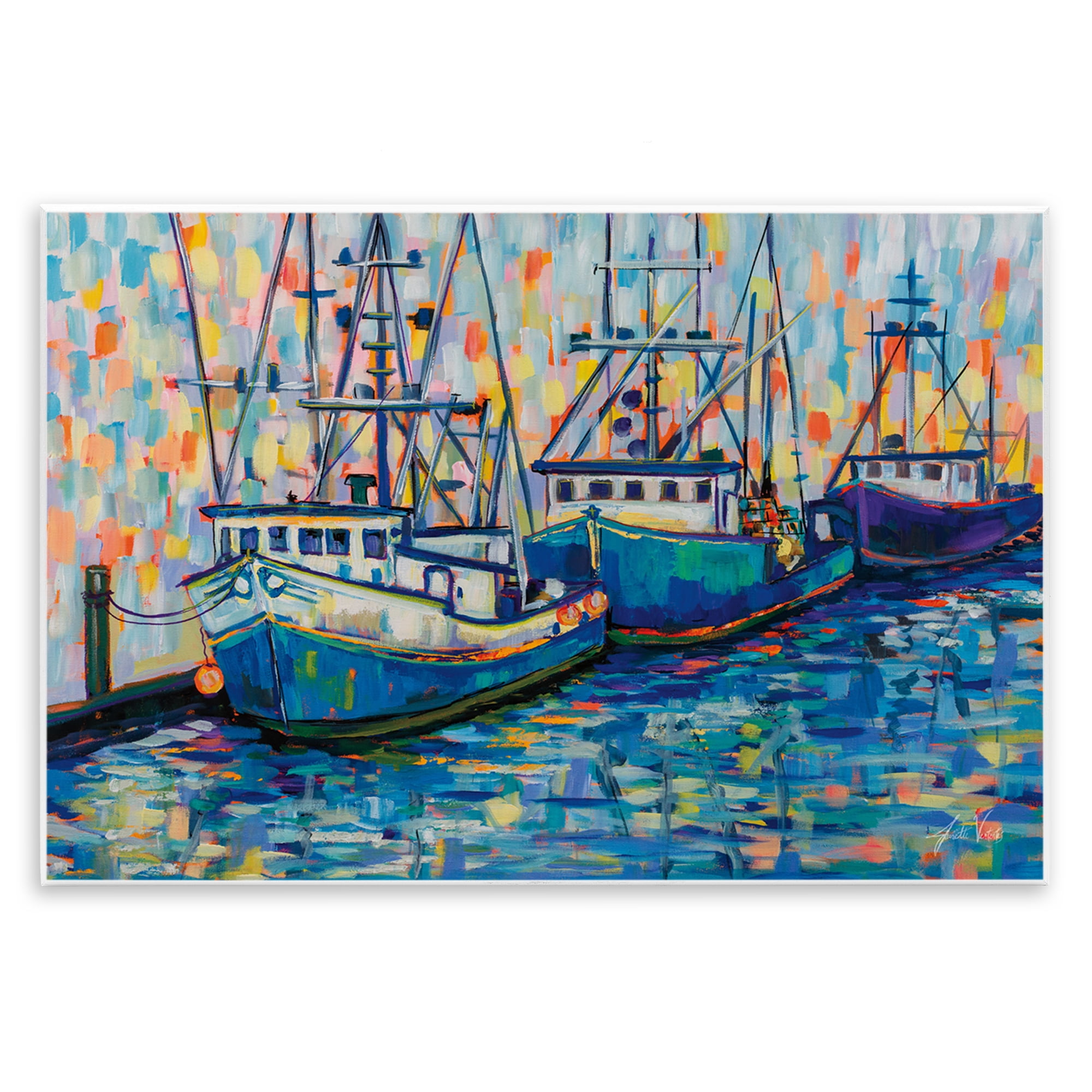 Stupell Industries Vivid Boats in Harbor Transportation Painting Unframed Art Print Wall Art, 19 x 13