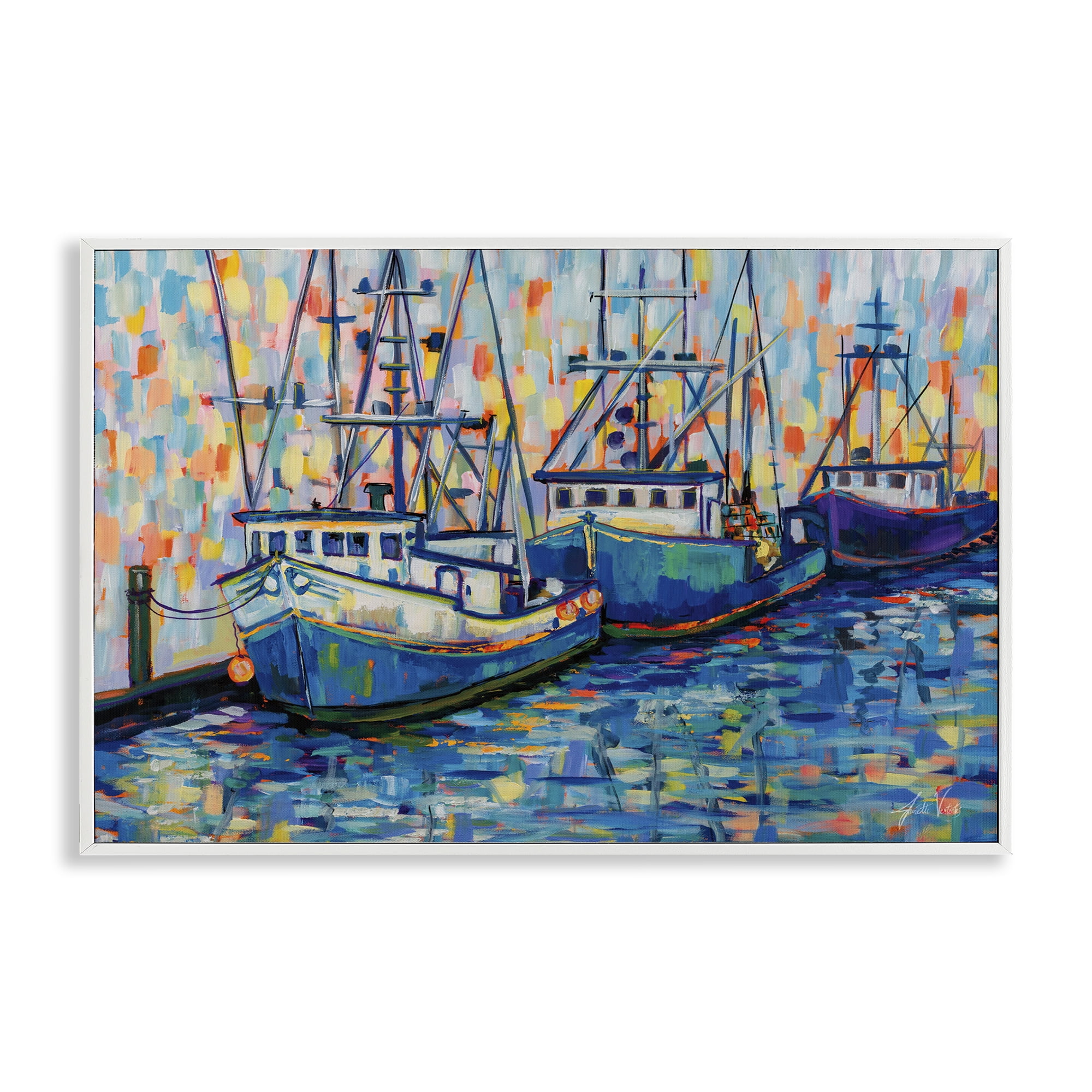 Stupell Industries Vivid Boats in Harbor Transportation Painting White Framed Art Print Wall Art, 18 x 12