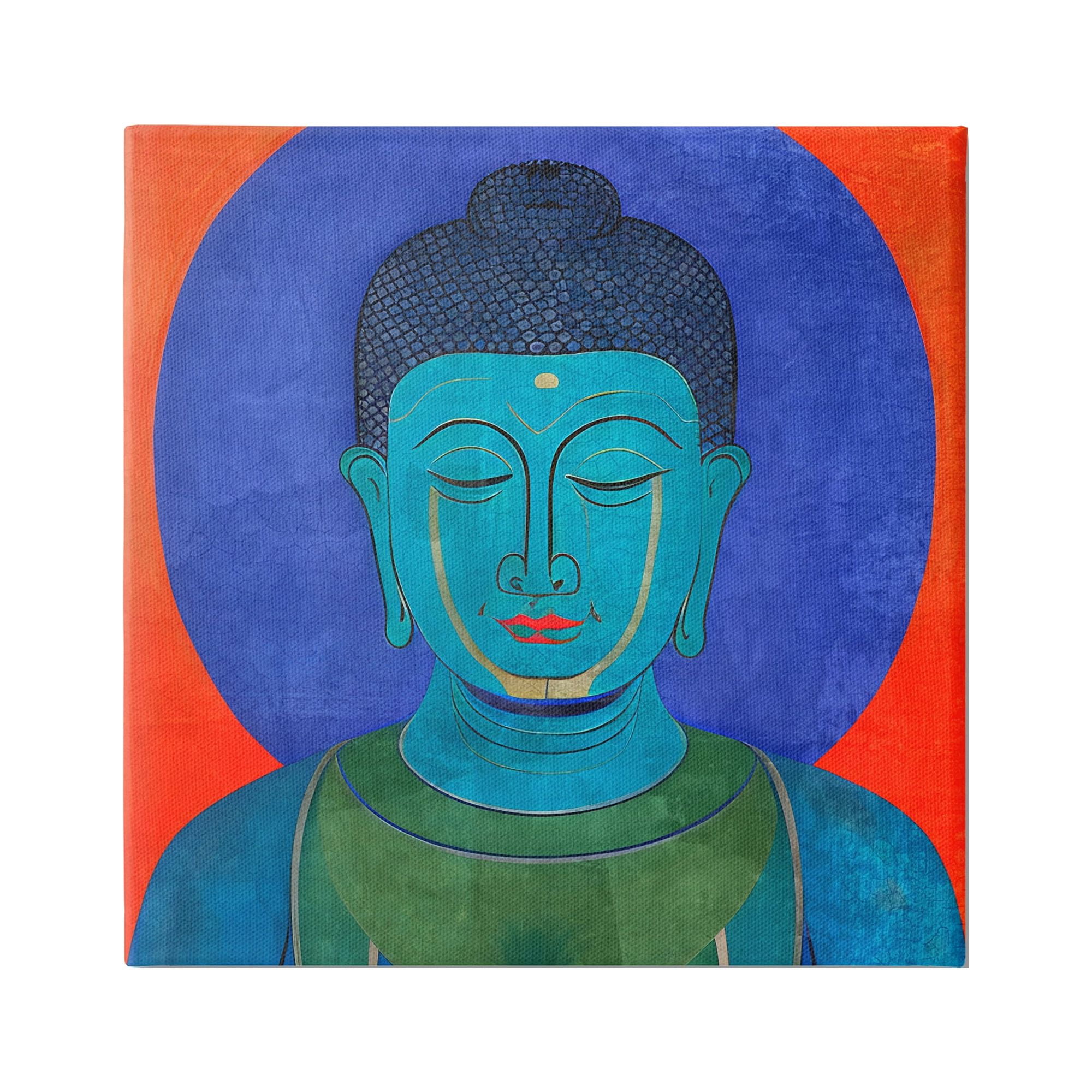 Vivid Blue and Orange Buddha Abstract Canvas Art, 17 x 17