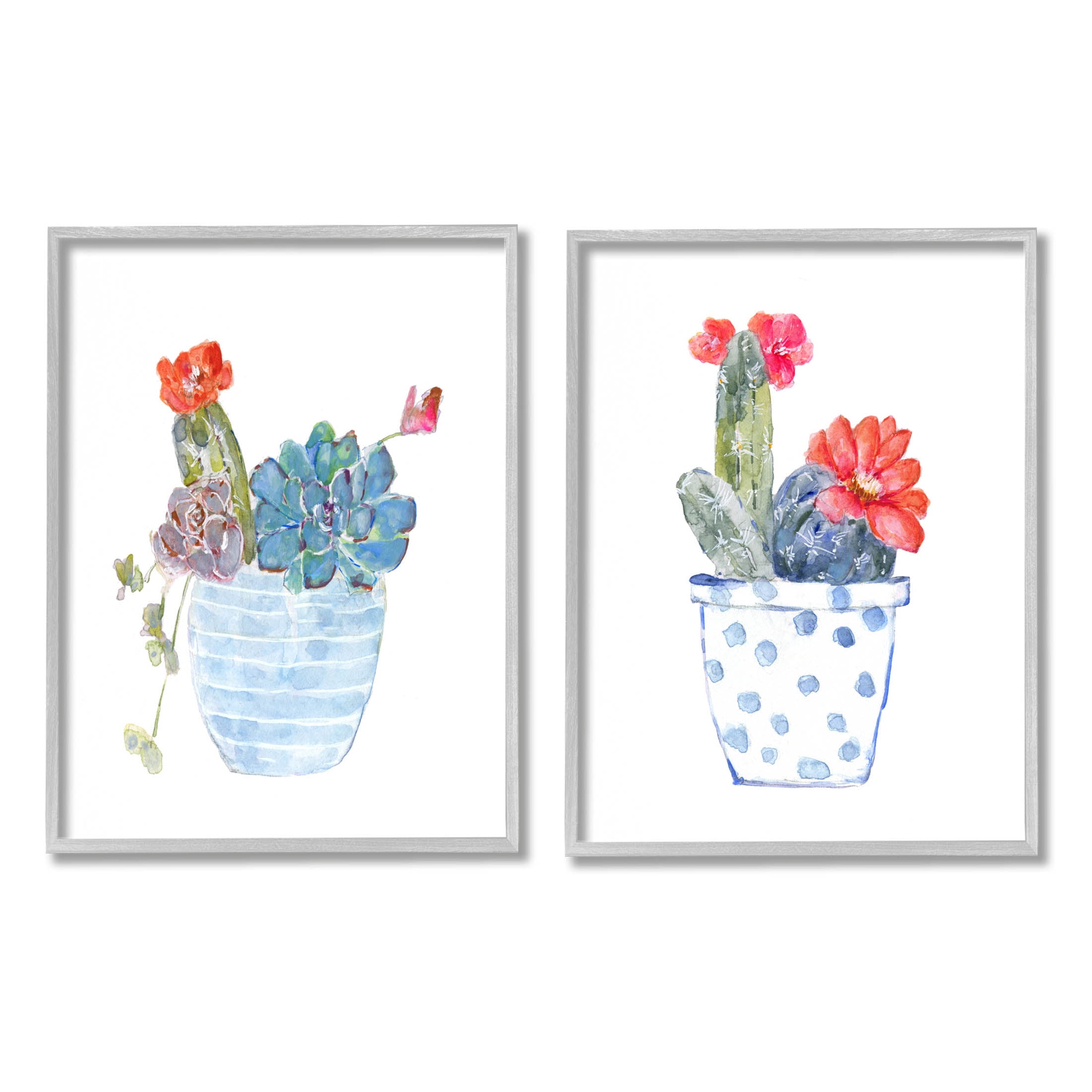 Stupell Industries Vivid Cactus Blossoms Potted Graphic Art Gray Framed Art Print Wall Art, Set of 2, Design by Sally Swatland