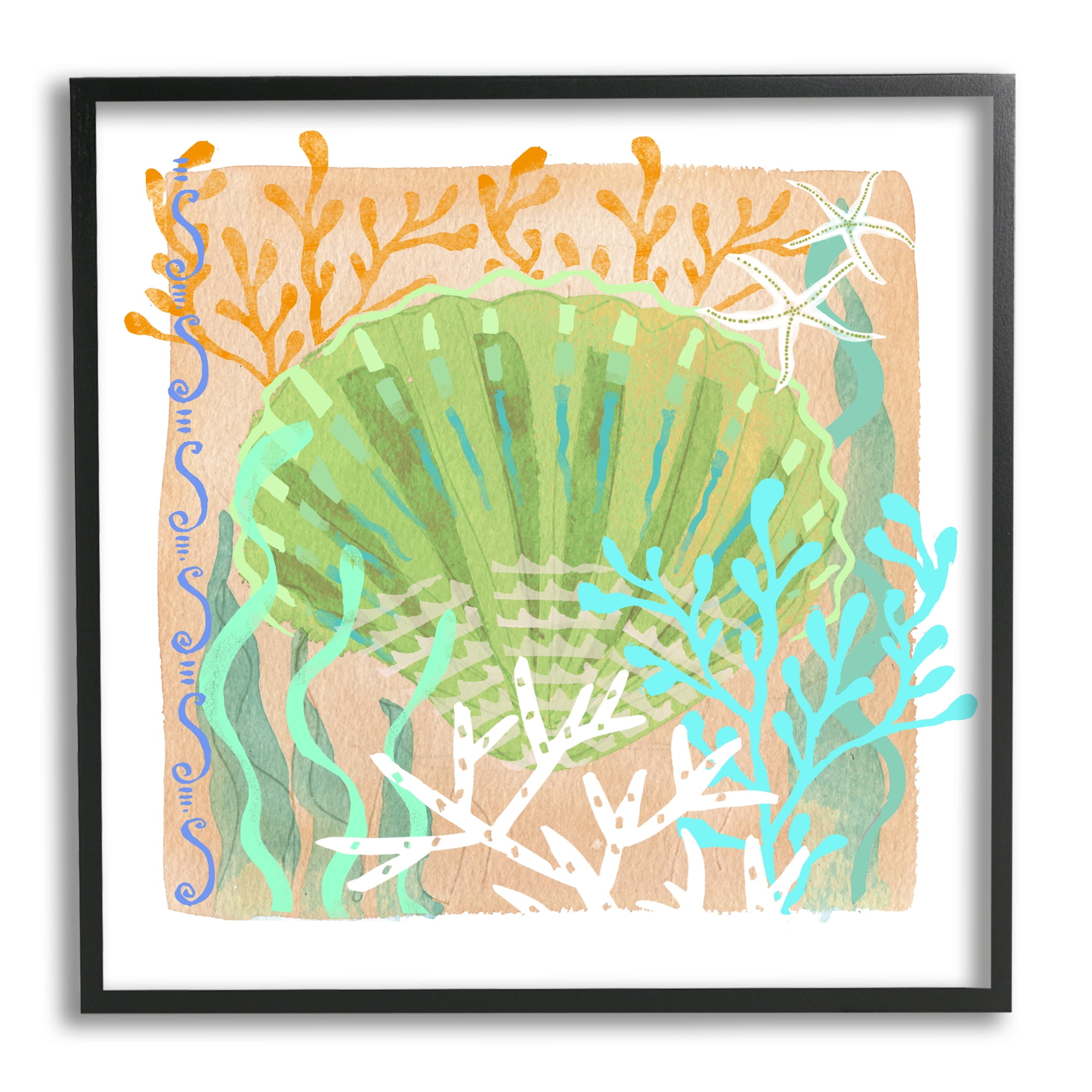 Stupell Industries Vivid Coral Overlay Beach Seashell Watercolor Pattern Graphic Art Black Framed Art Print Wall Art, Design by unknown