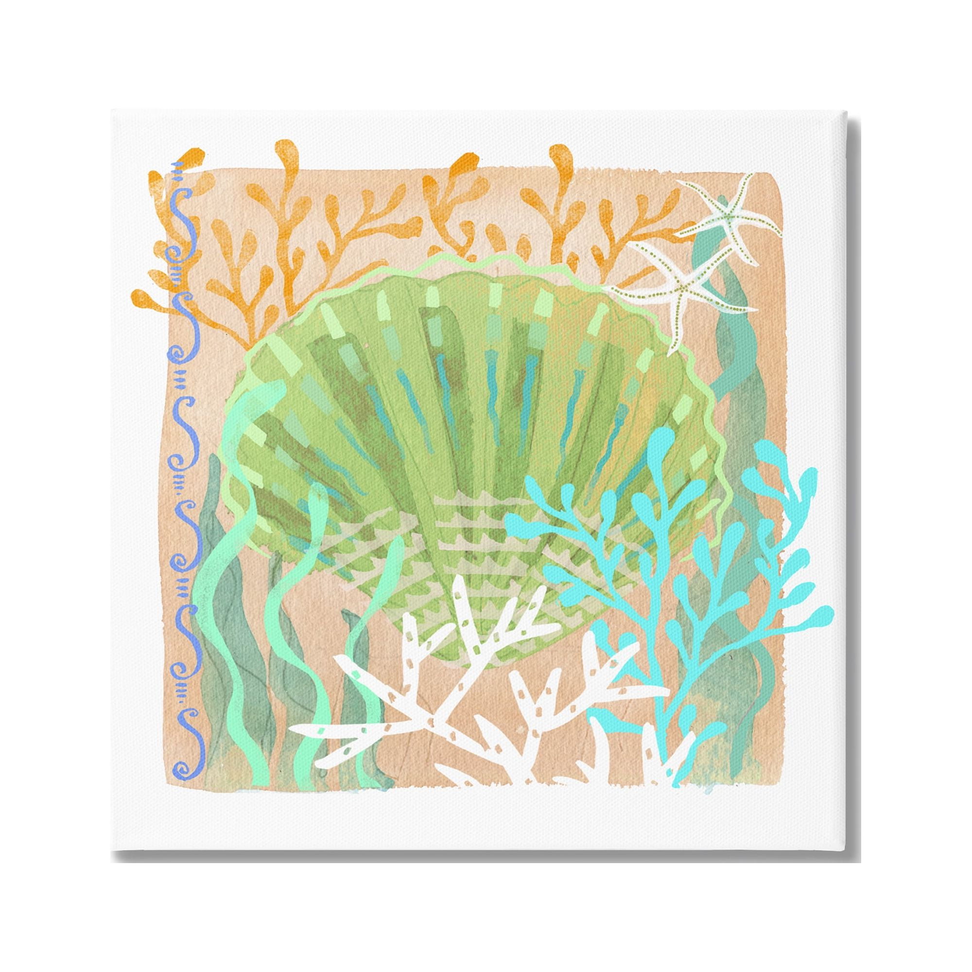 Stupell Industries Vivid Coral Overlay Beach Seashell Watercolor Pattern Graphic Art Gallery Wrapped Canvas Print Wall Art, Design by unknown