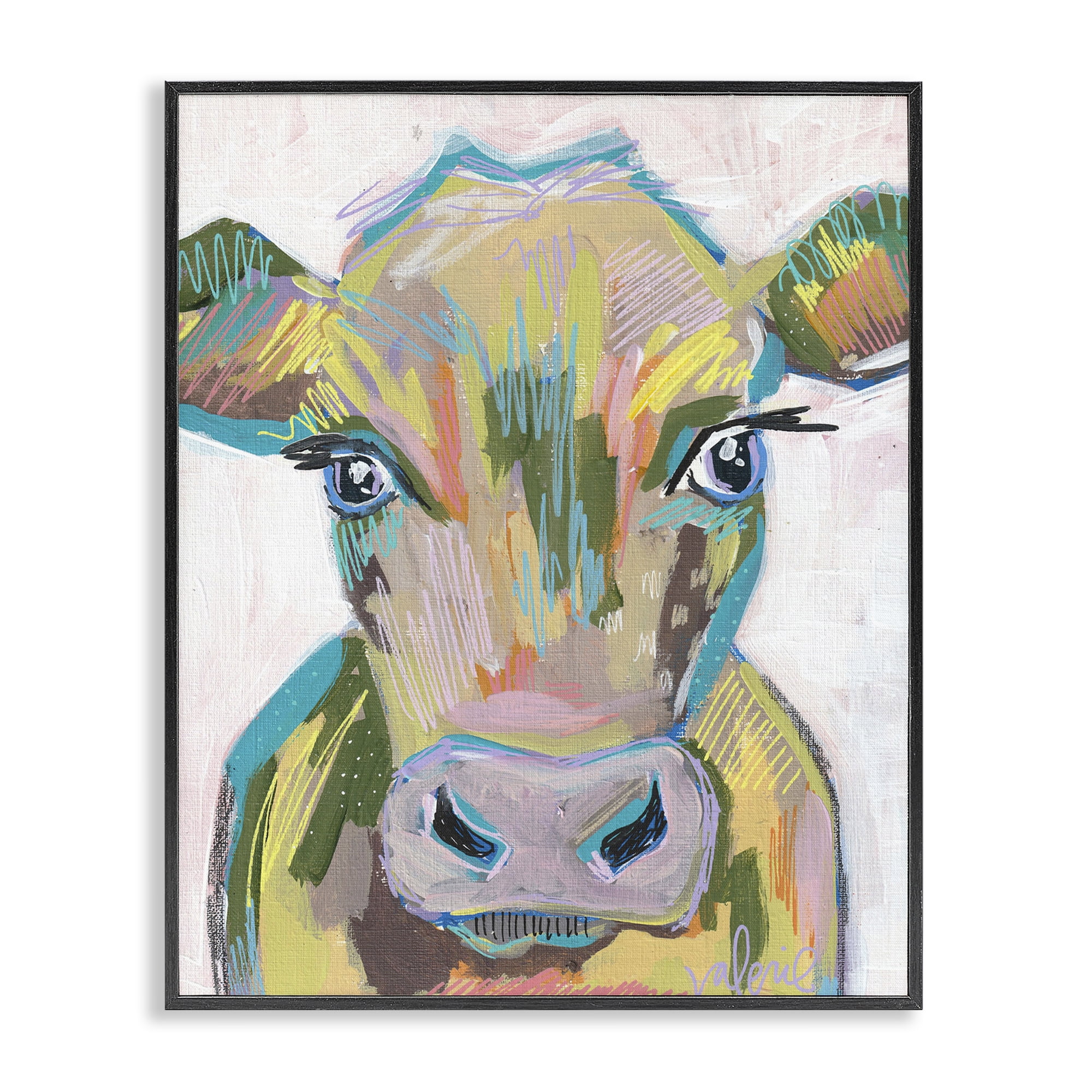 Stupell Industries Vivid Cow Visage Animals & Insects Painting Black Framed Art Print Wall Art, 24 x 30