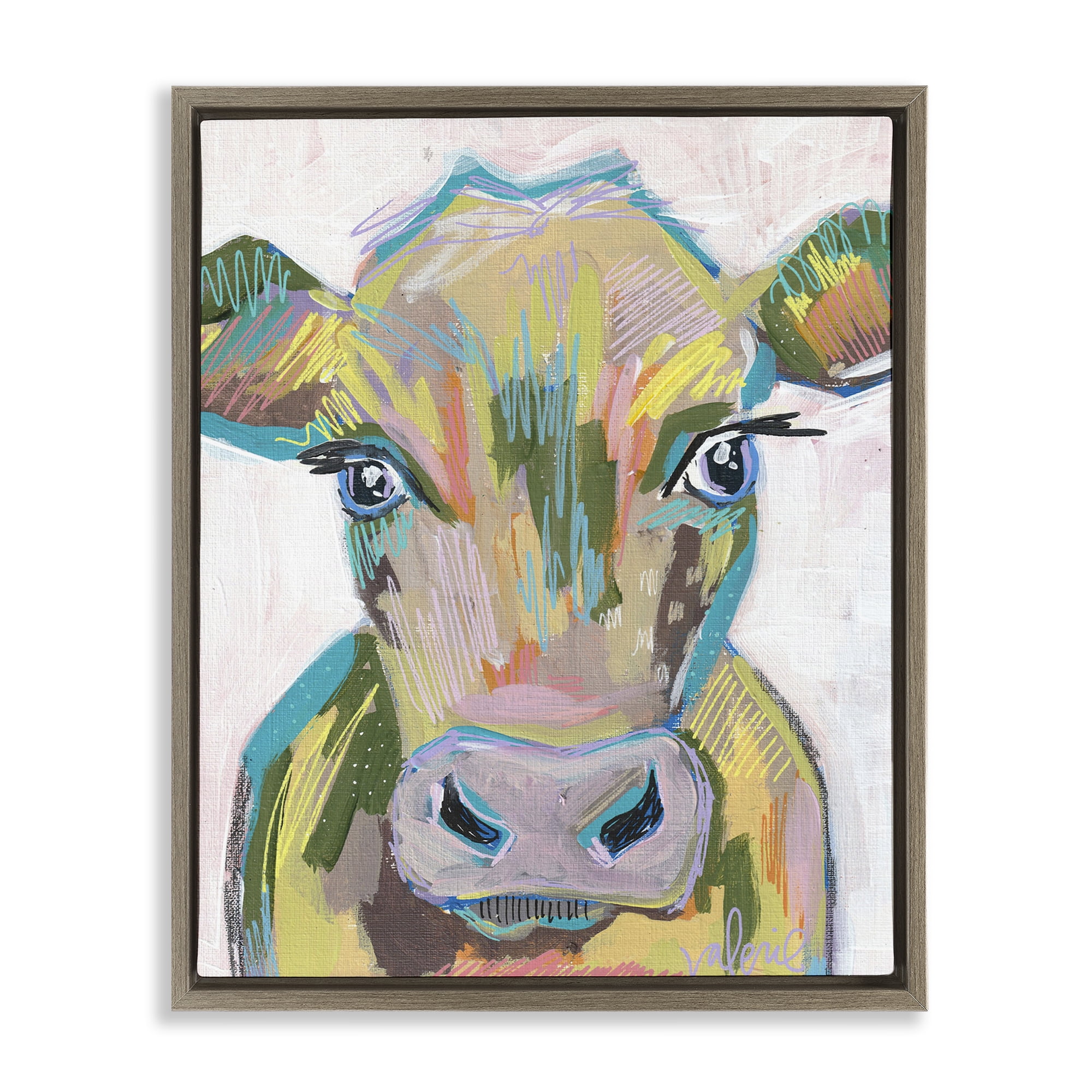 Stupell Industries Vivid Cow Visage Animals & Insects Painting Brown Floater Framed Canvas Art Print Wall Art, 17 x 21