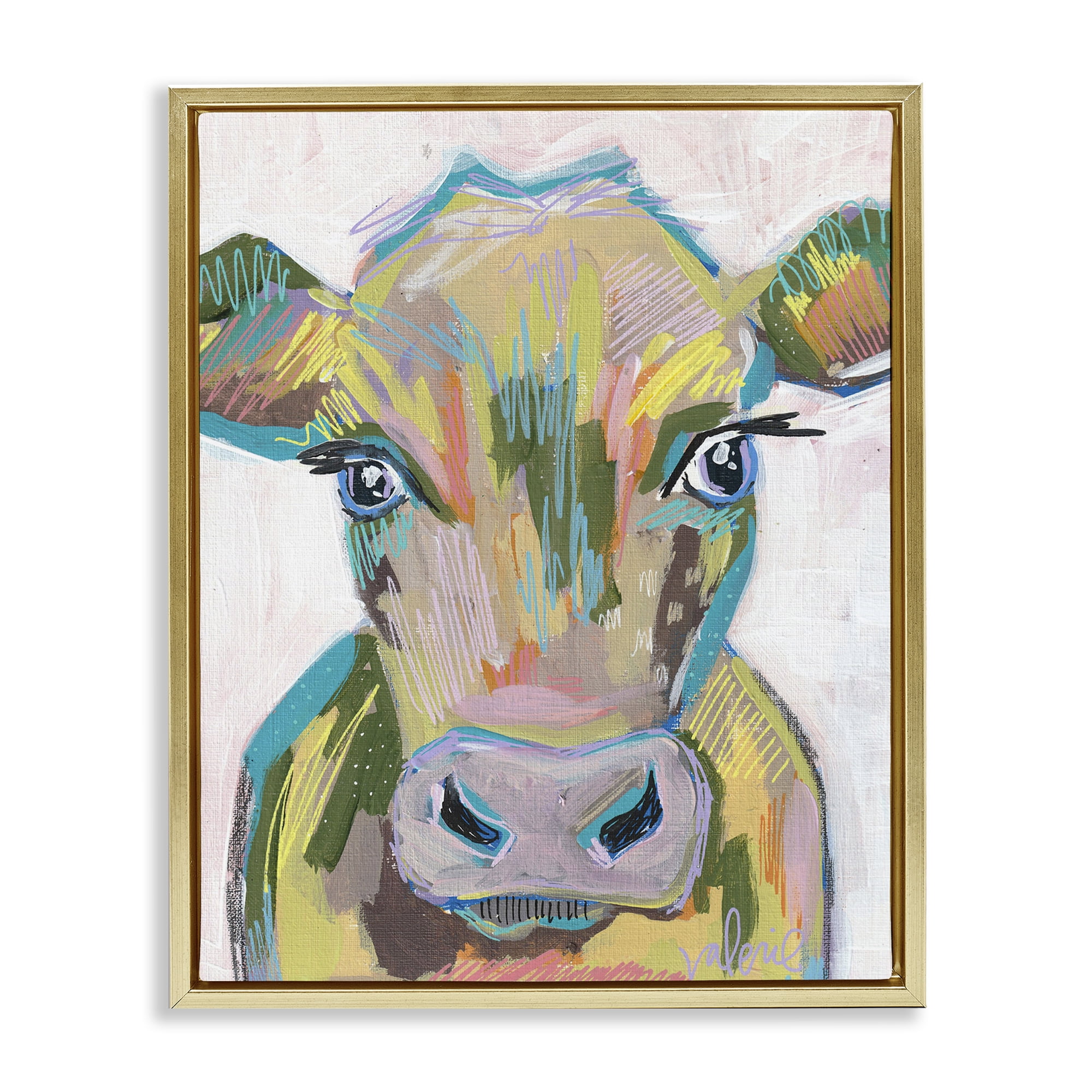 Stupell Industries Vivid Cow Visage Animals & Insects Painting Gold Floater Framed Canvas Art Print Wall Art, 25 x 31