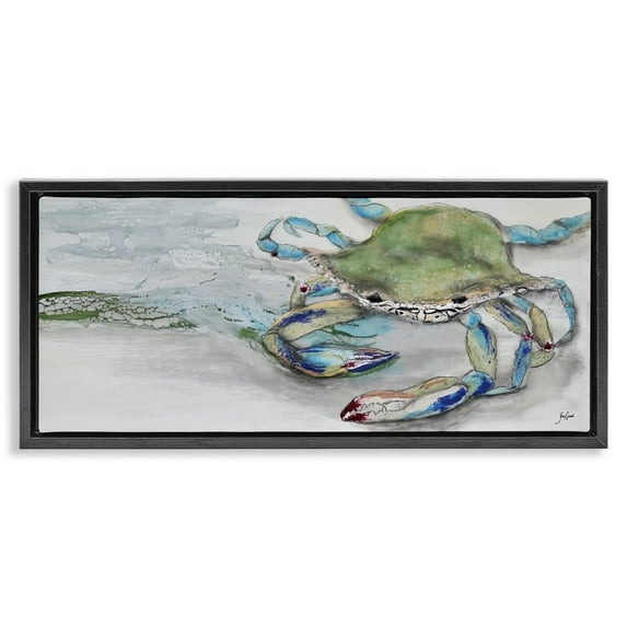Stupell Industries Vivid Crab on Beach Shoreline Animals & Insects Painting Black Floater Framed Canvas Art Print Wall Art, 25 x 11
