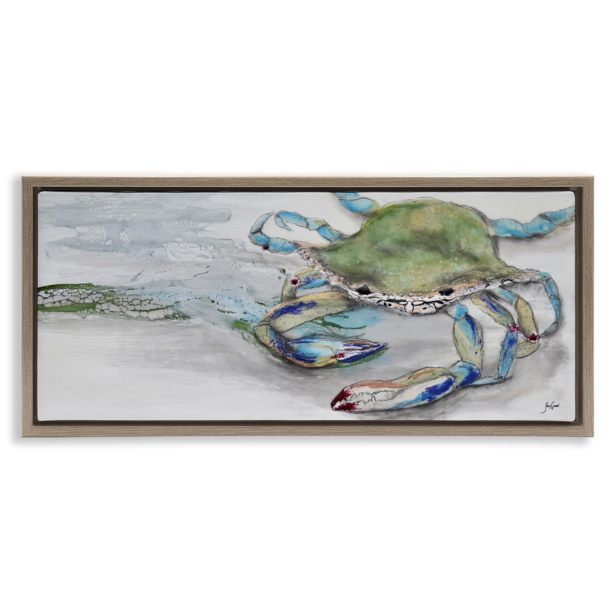 Stupell Industries Vivid Crab on Beach Shoreline Animals & Insects Painting Brown Floater Framed Canvas Art Print Wall Art, 31 x 14