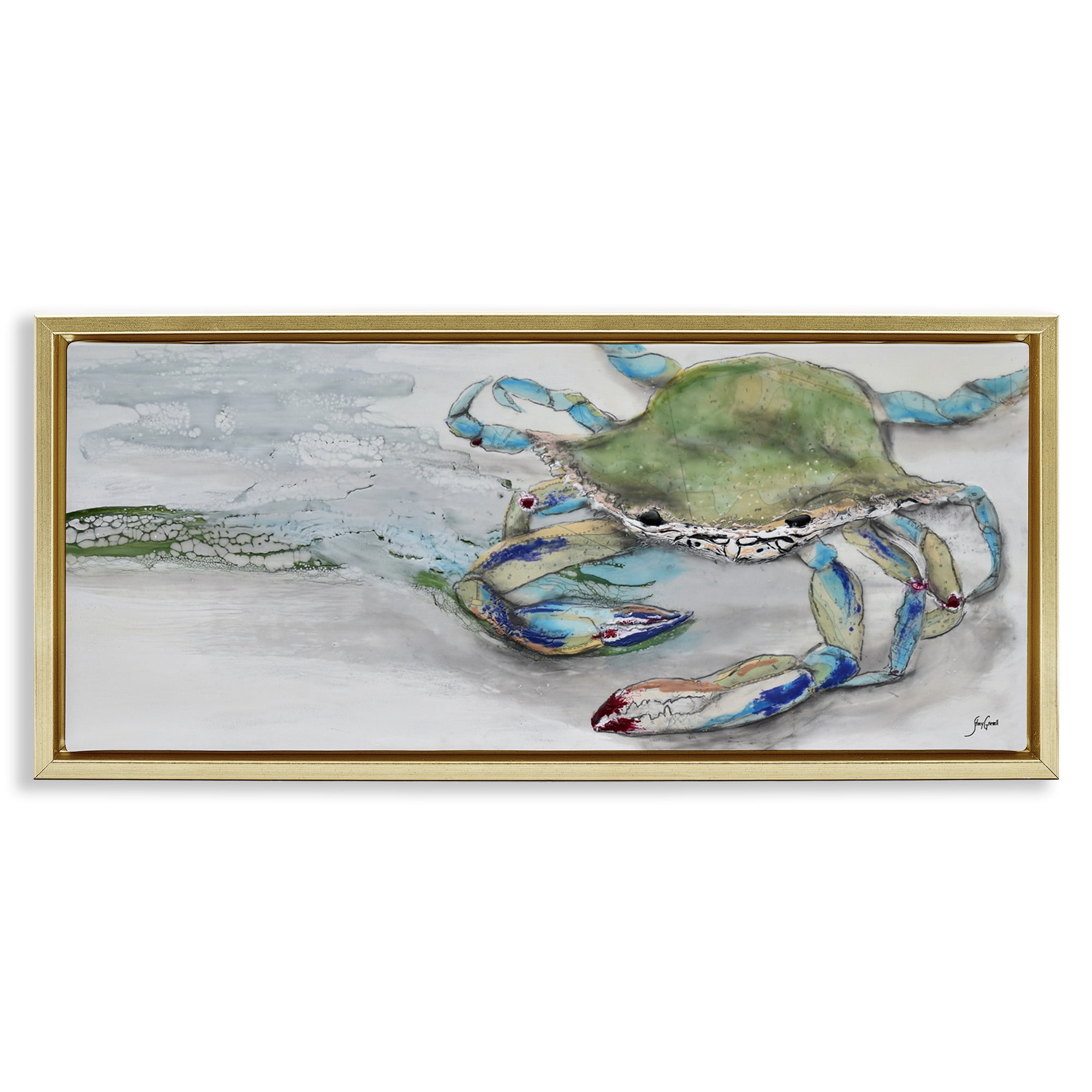 Stupell Industries Vivid Crab on Beach Shoreline Animals & Insects Painting Gold Floater Framed Canvas Art Print Wall Art, 25 x 11