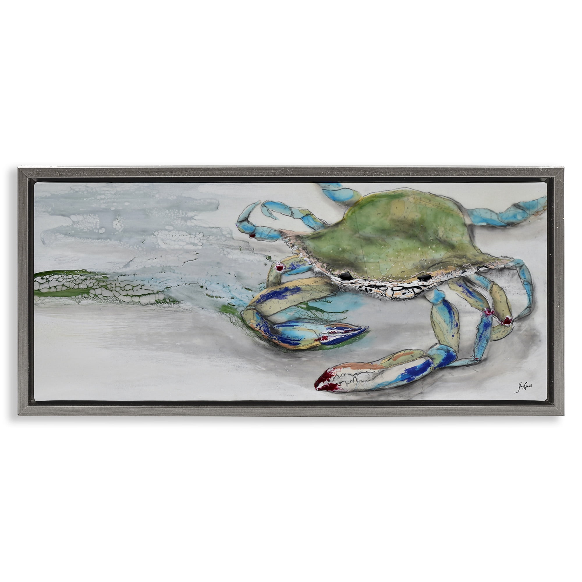 Stupell Industries Vivid Crab on Beach Shoreline Animals & Insects Painting Gray Floater Framed Canvas Art Print Wall Art, 31 x 14
