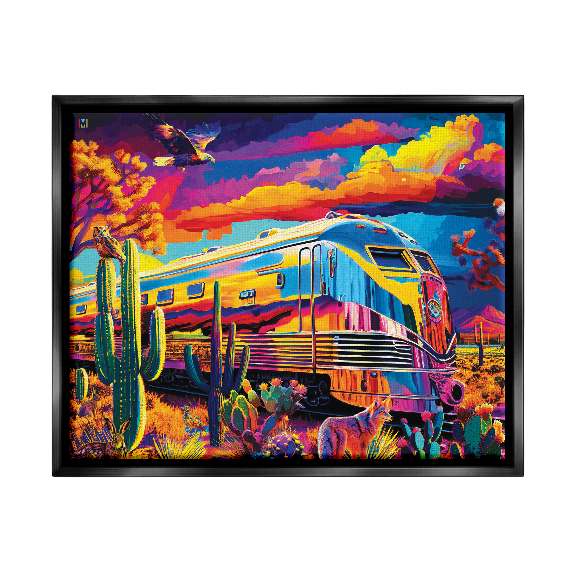 Stupell Industries Vivid Desert Train Scene Transportation Painting Black Floater Framed Art Print Wall Art, 31 x 25