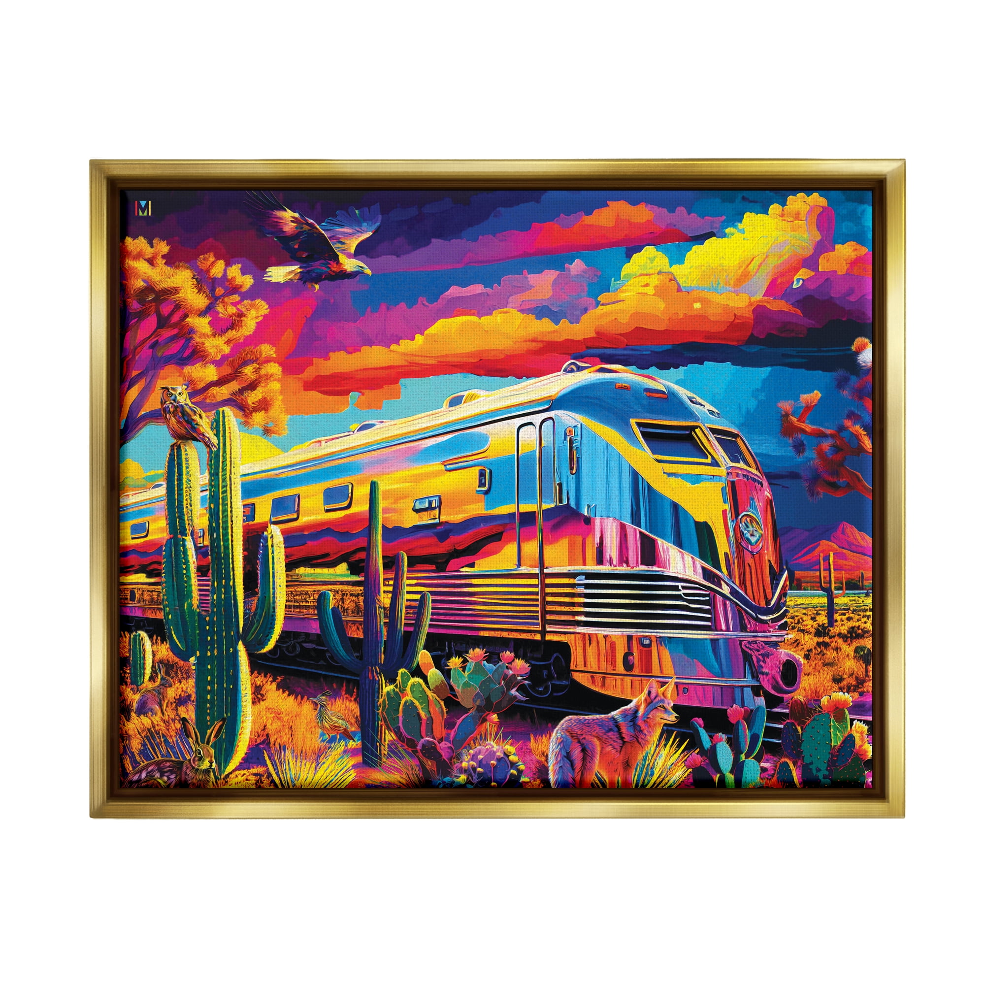 Stupell Industries Vivid Desert Train Scene Transportation Painting Gold Floater Framed Art Print Wall Art, 31 x 25