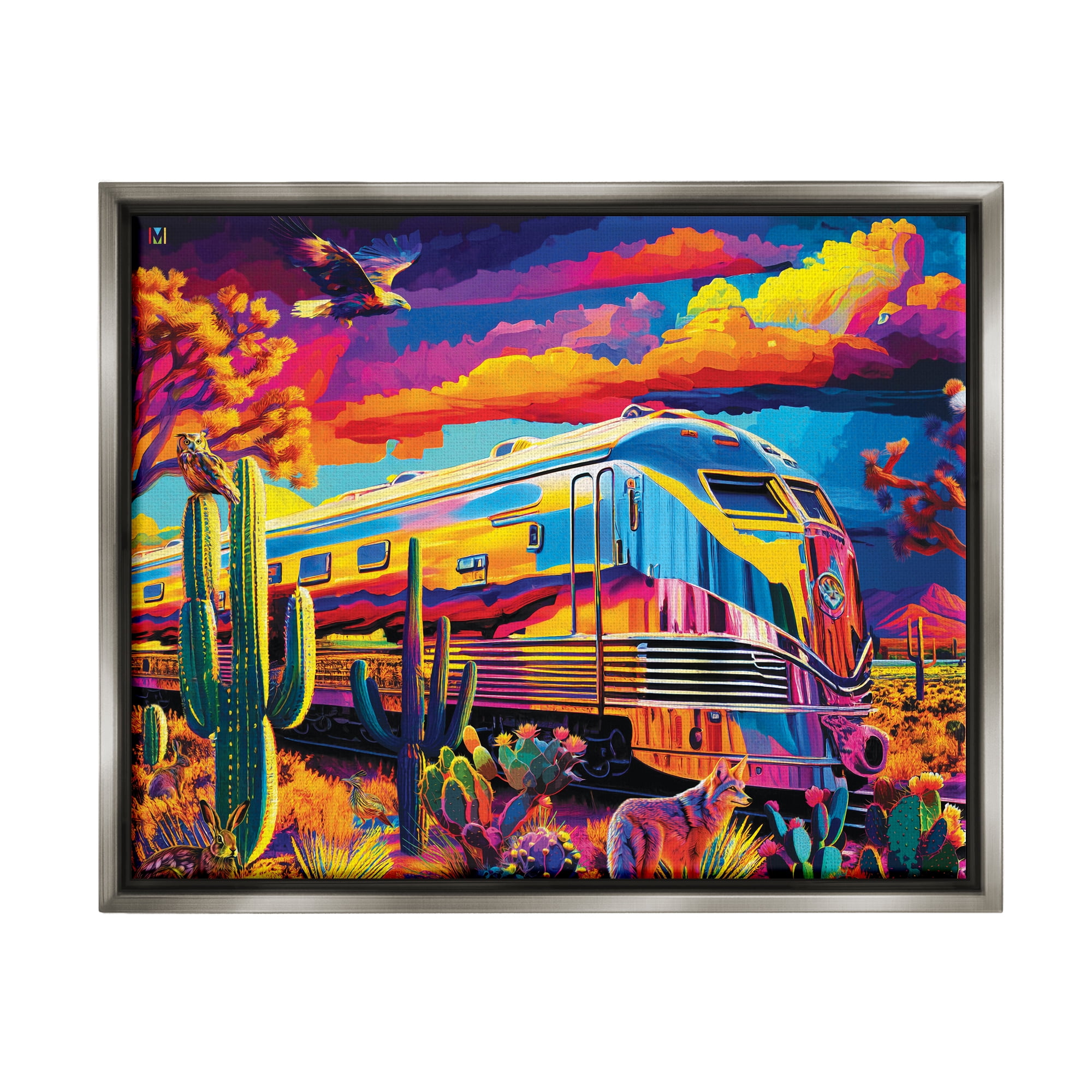 Stupell Industries Vivid Desert Train Scene Transportation Painting Gray Floater Framed Art Print Wall Art, 21 x 17