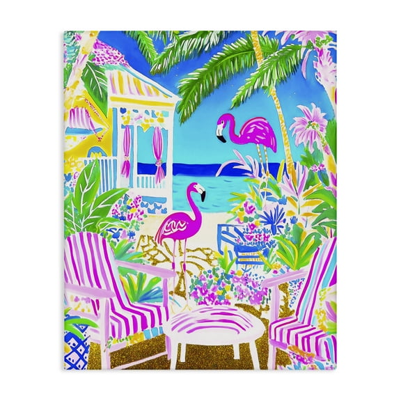 Stupell Industries Vivid Flamingos on Tropical Beach Landscape & Nature Painting Wrapped Canvas Canvas Art Print Wall Art, 30 x 40
