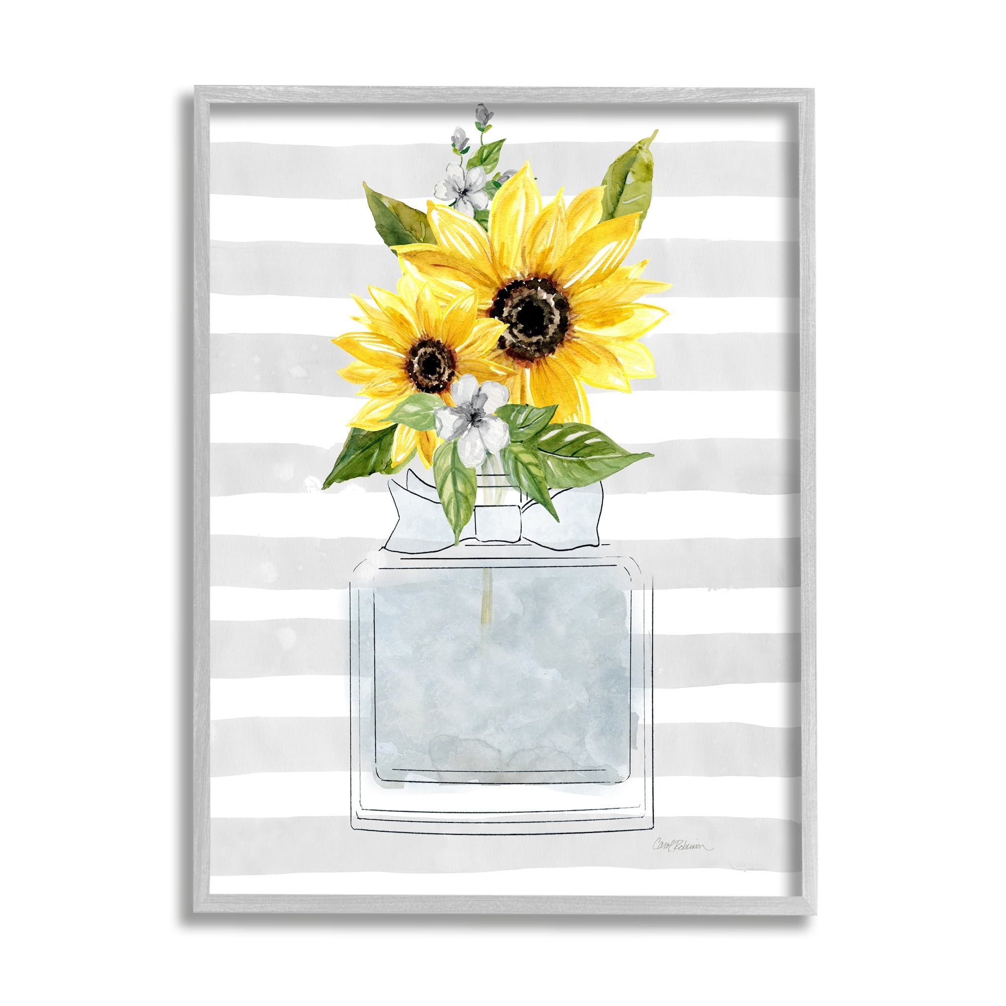 Stupell Industries Vivid Floral Arrangement Glam Perfume Bottle Stripes Graphic Art Gray Framed Art Print Wall Art, Design by Carol Robinson