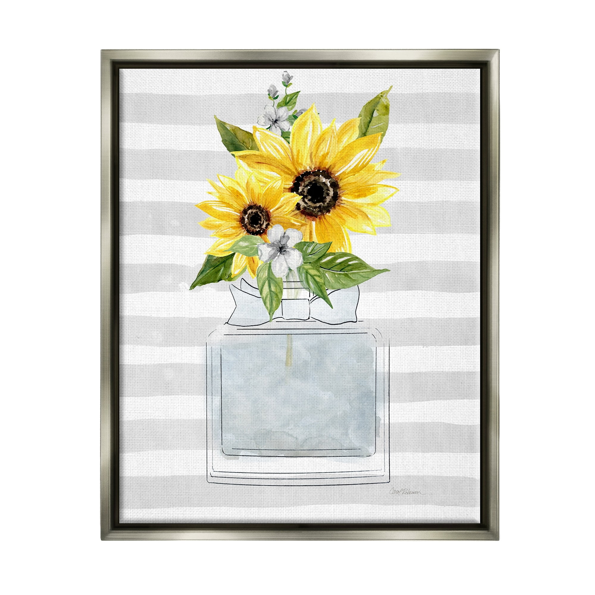 Stupell Industries Vivid Floral Arrangement Glam Perfume Bottle Stripes Graphic Art Luster Gray Floating Framed Canvas Print Wall Art, Design by Carol Robinson