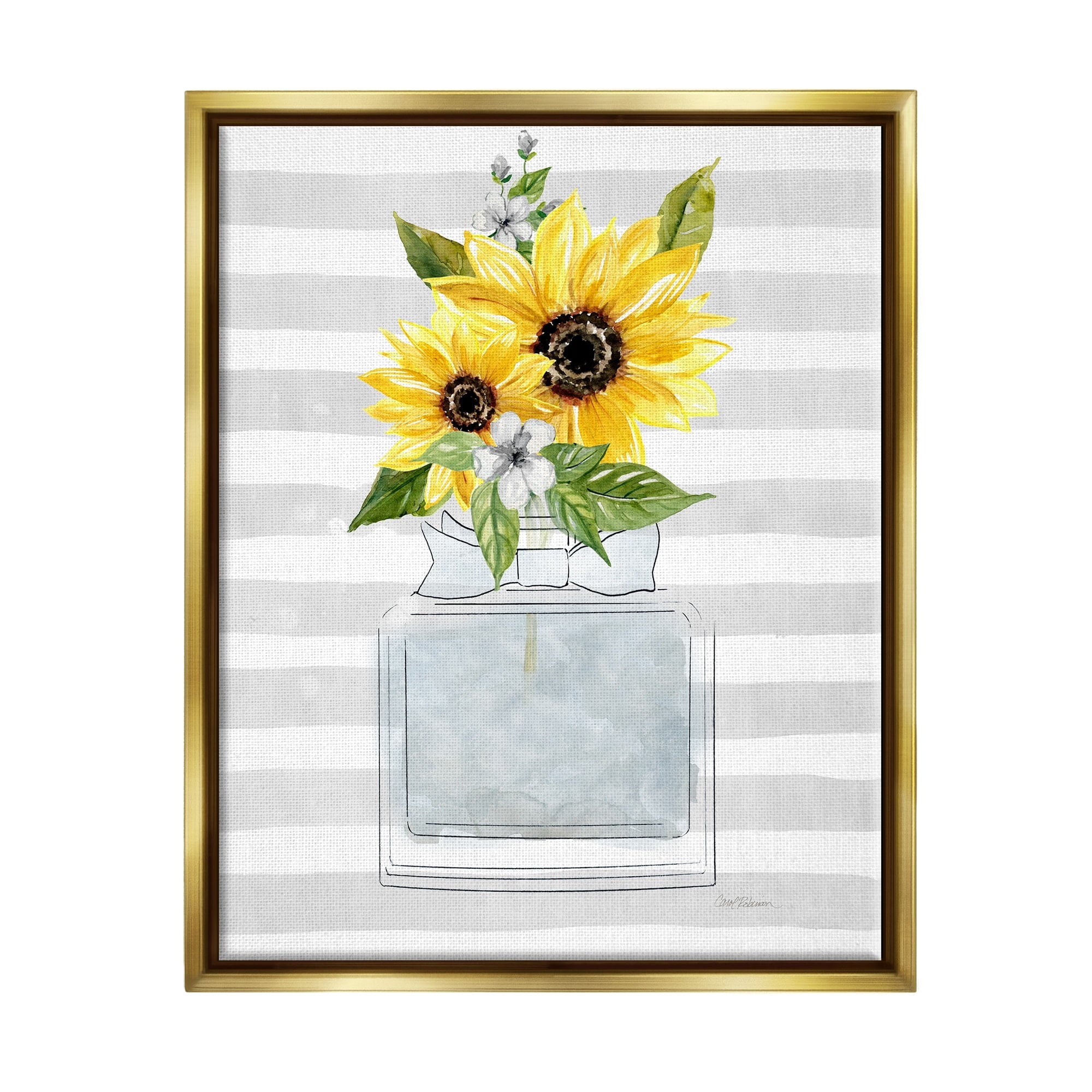 Stupell Industries Vivid Floral Arrangement Glam Perfume Bottle Stripes Graphic Art Metallic Gold Floating Framed Canvas Print Wall Art, Design by Carol Robinson