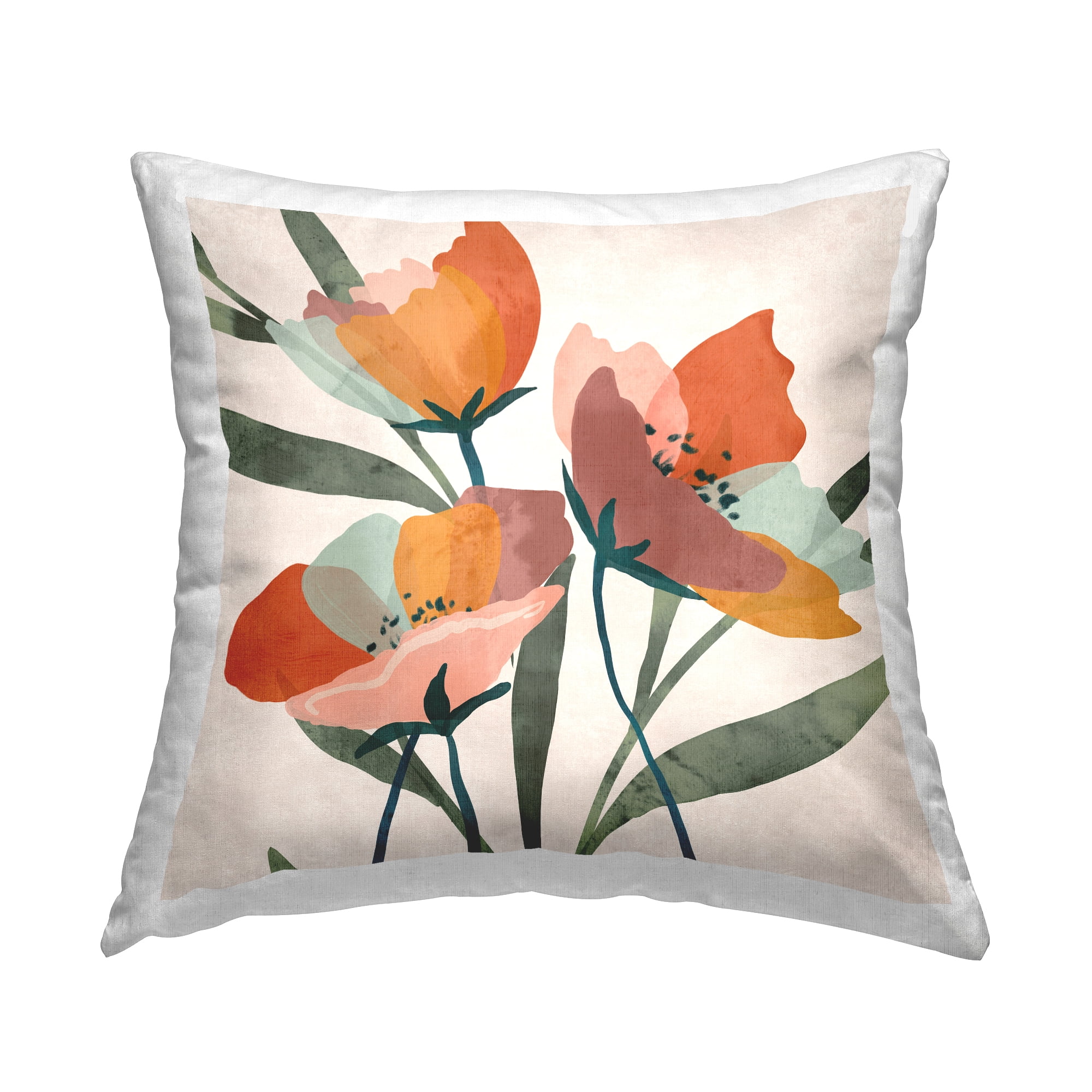 Vivid Floral Abstract Orange and Green Square Throw Pillow
