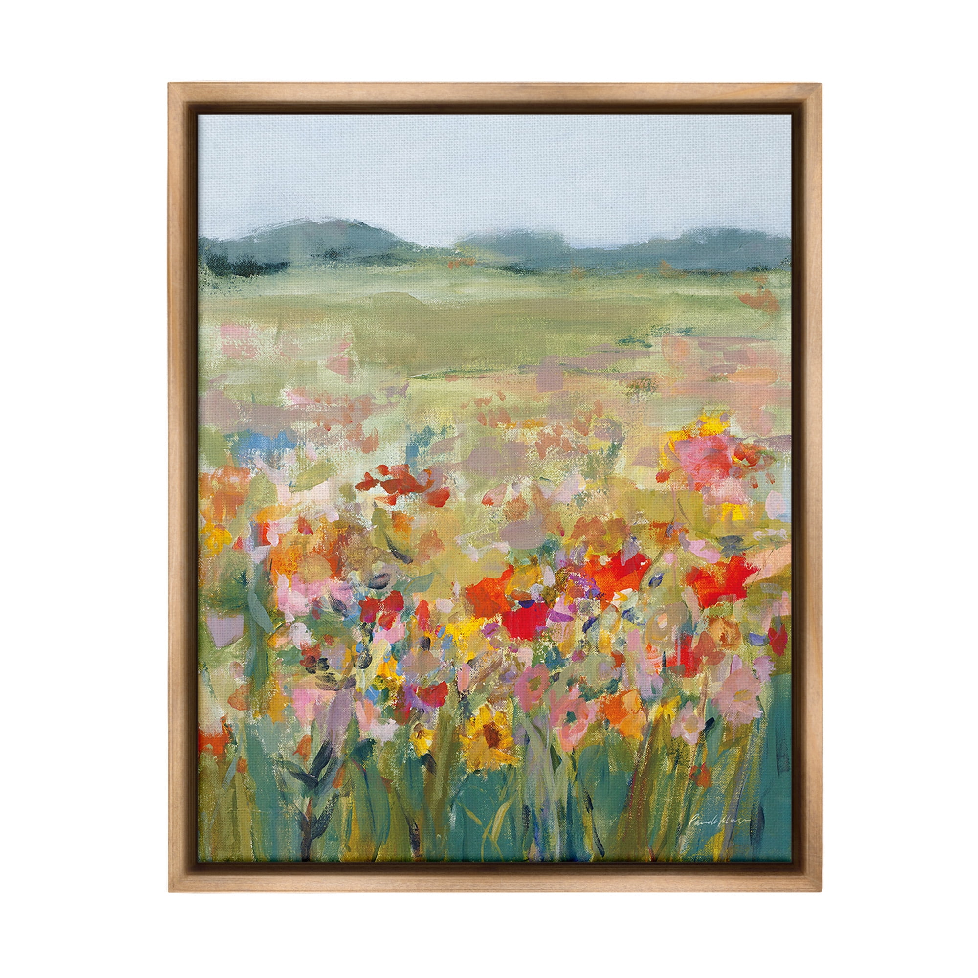 Stupell Industries Vivid Flower Meadow Landscape Painting Brown Floater Framed Canvas Art Print Wall Art, 25 x 31