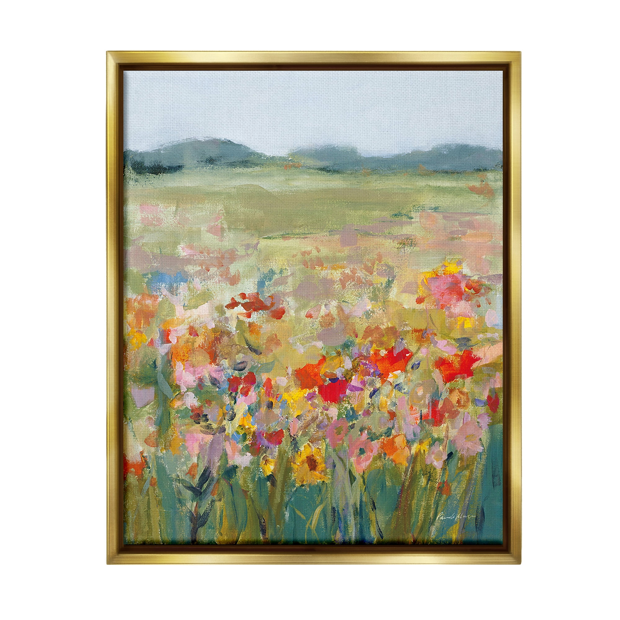 Stupell Industries Vivid Flower Meadow Landscape Painting Gold Floater Framed Canvas Art Print Wall Art, 25 x 31