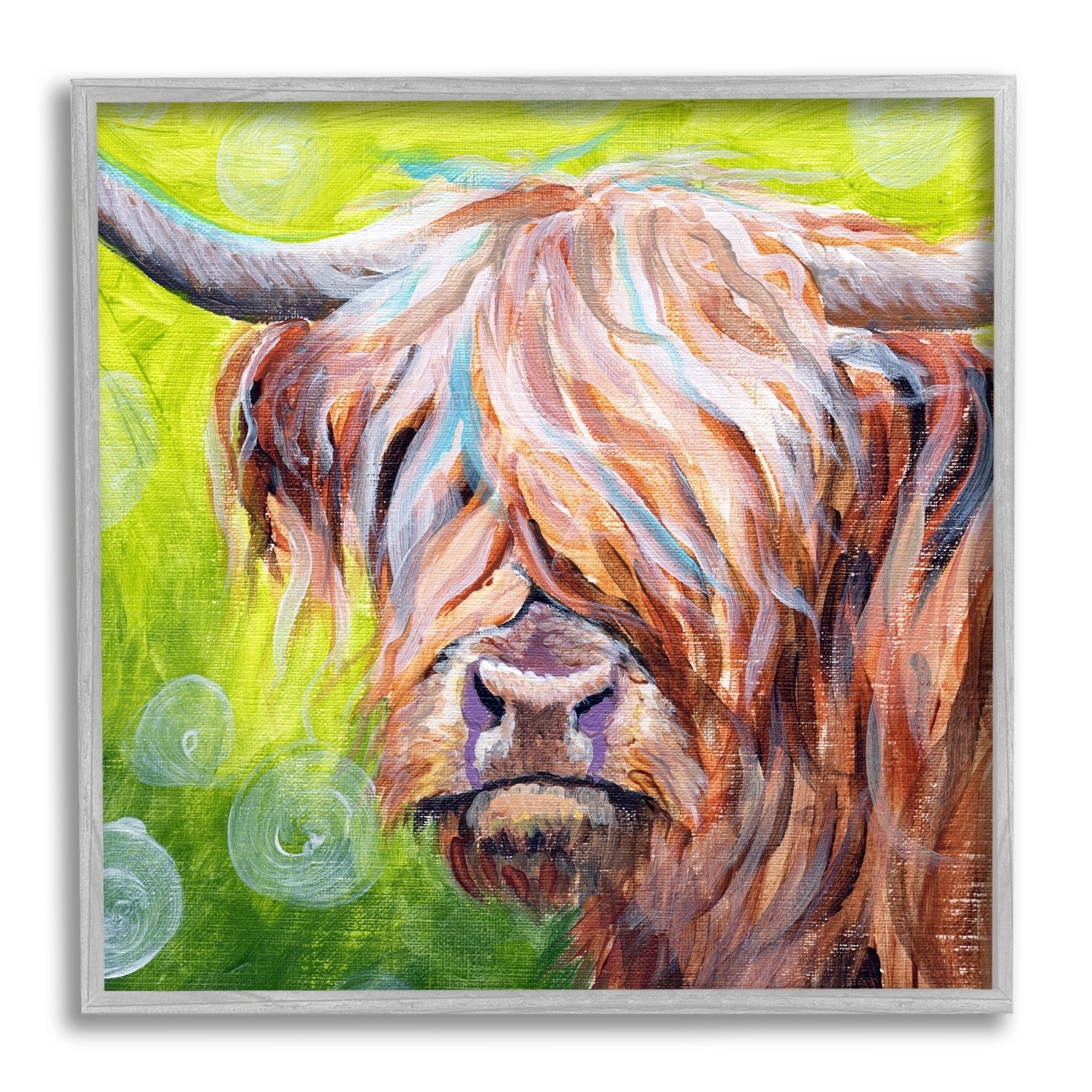 Stupell Industries Vivid Highland Cattle Rural Farmland Animal Painting Painting Gray Framed Art Print Wall Art, Design by Jennifer Redstreake