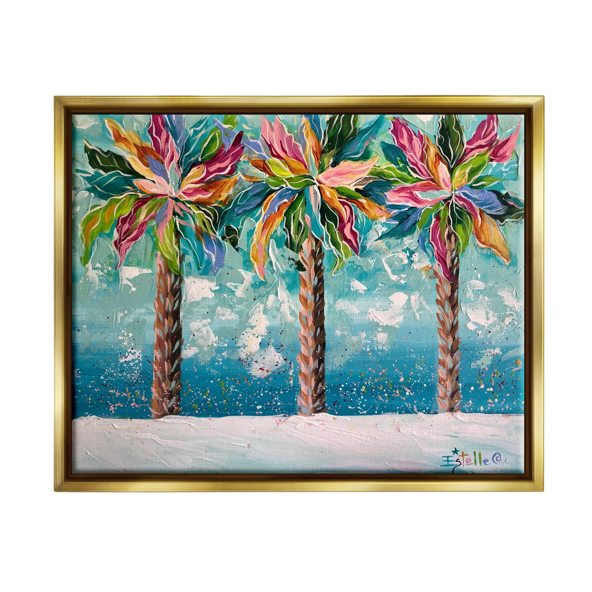 Stupell Industries Vivid Hue Palm Trees Landscape Painting Gold Floater Framed Canvas Art Print Wall Art, 31 x 25