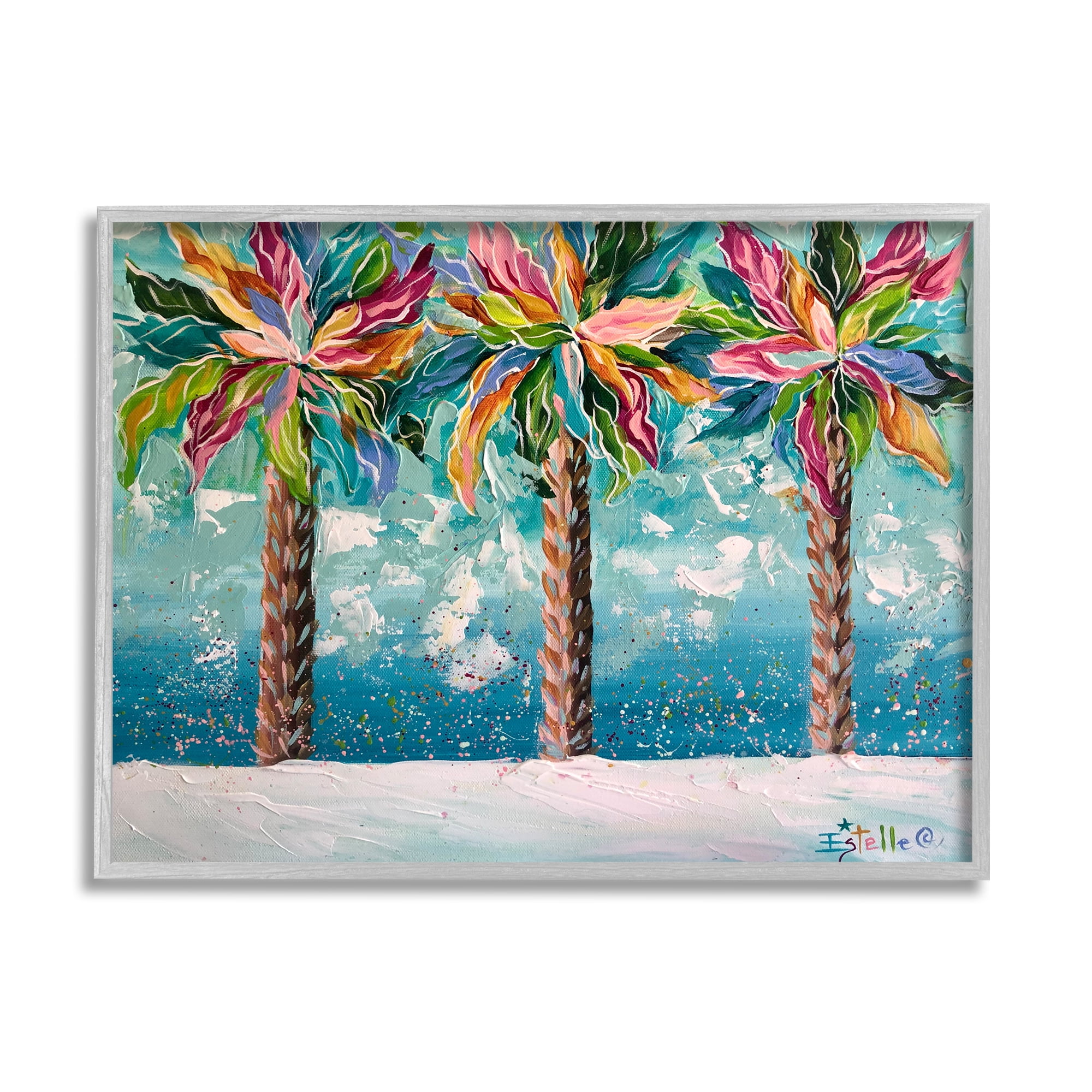 Stupell Industries Vivid Hue Palm Trees Landscape Painting Gray Framed Art Print Wall Art, 20 x 16
