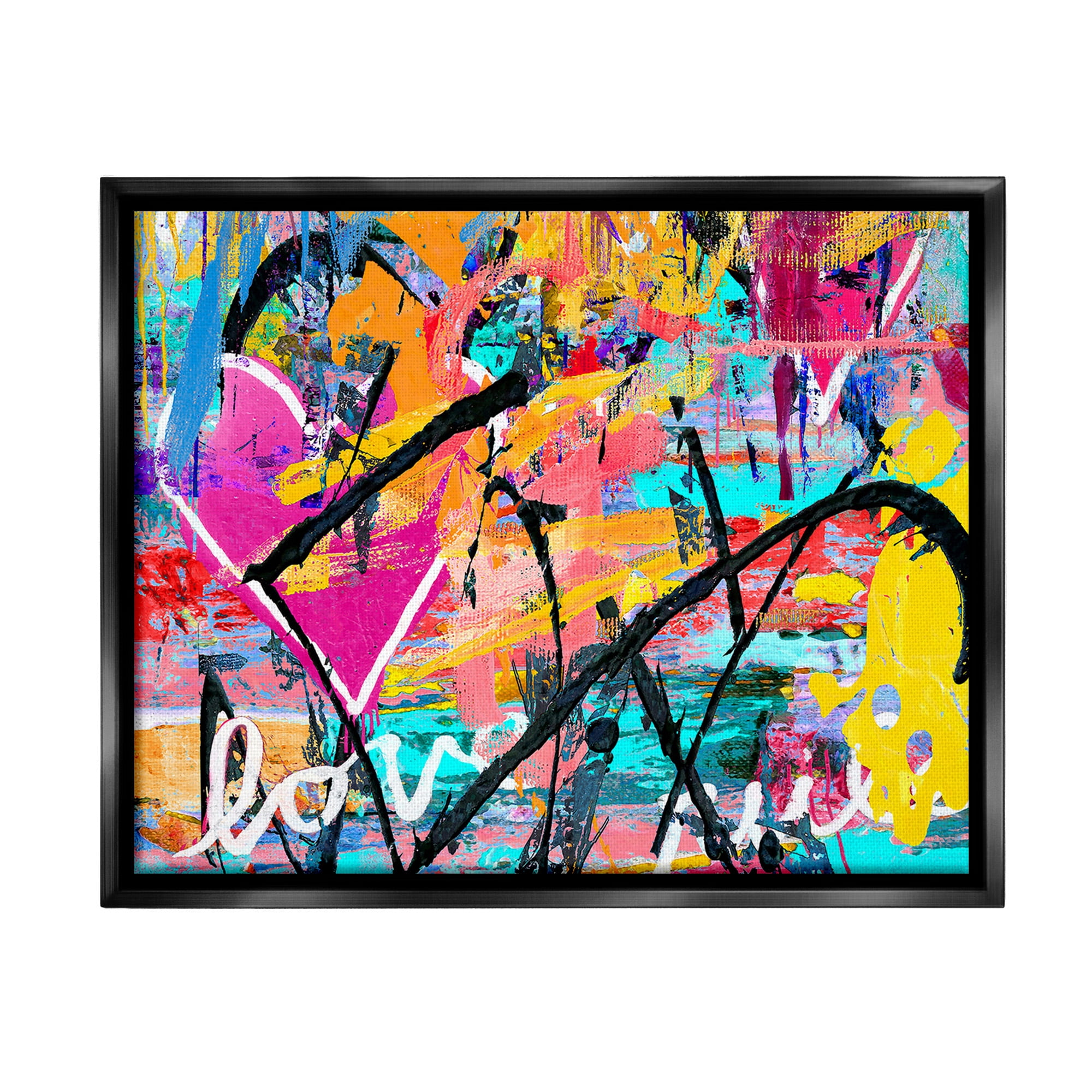 Stupell Industries Vivid Love Graffiti Collage Abstract Painting Black Floater Framed Canvas Art Print Wall Art, 21 x 17