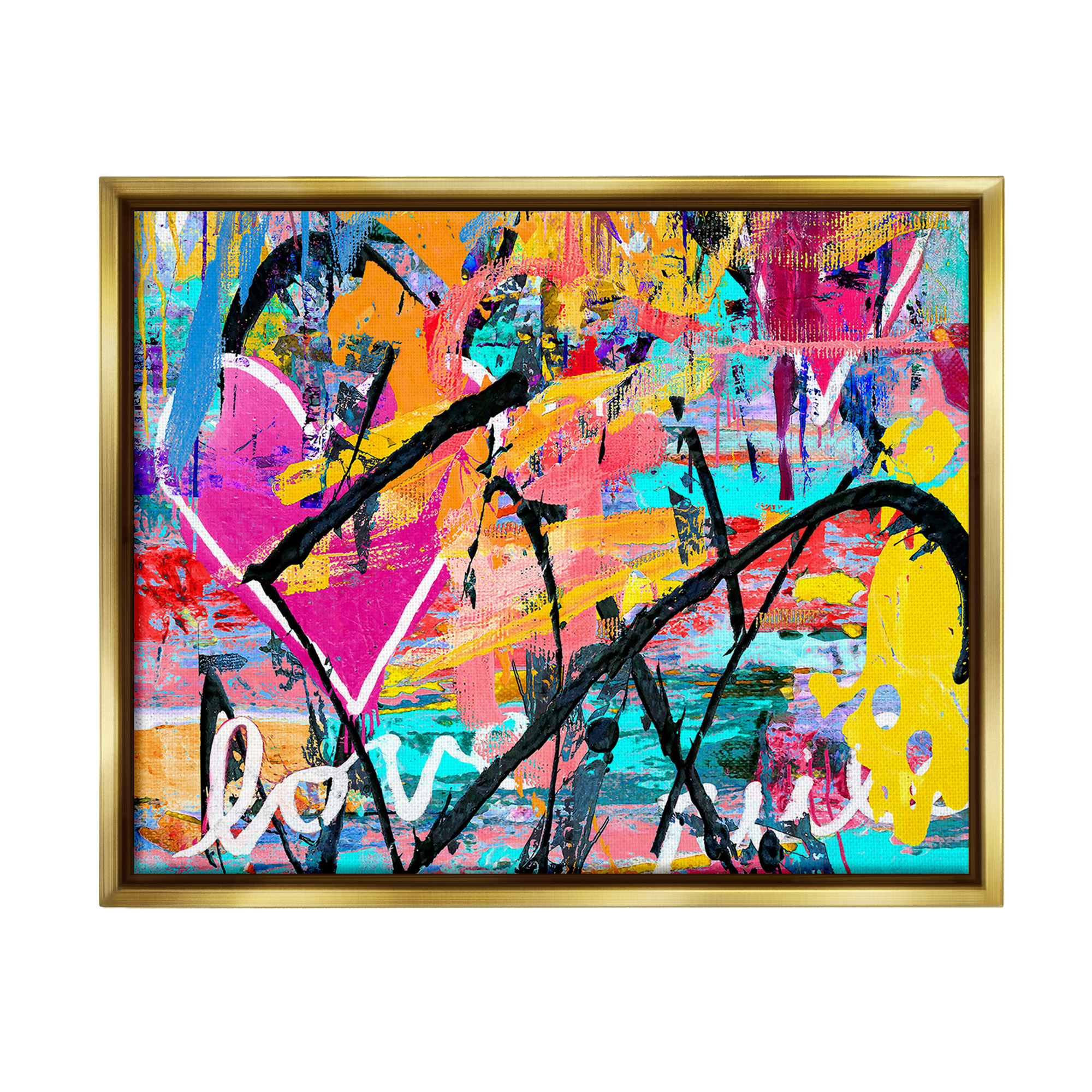 Stupell Industries Vivid Love Graffiti Collage Abstract Painting Gold Floater Framed Canvas Art Print Wall Art, 21 x 17