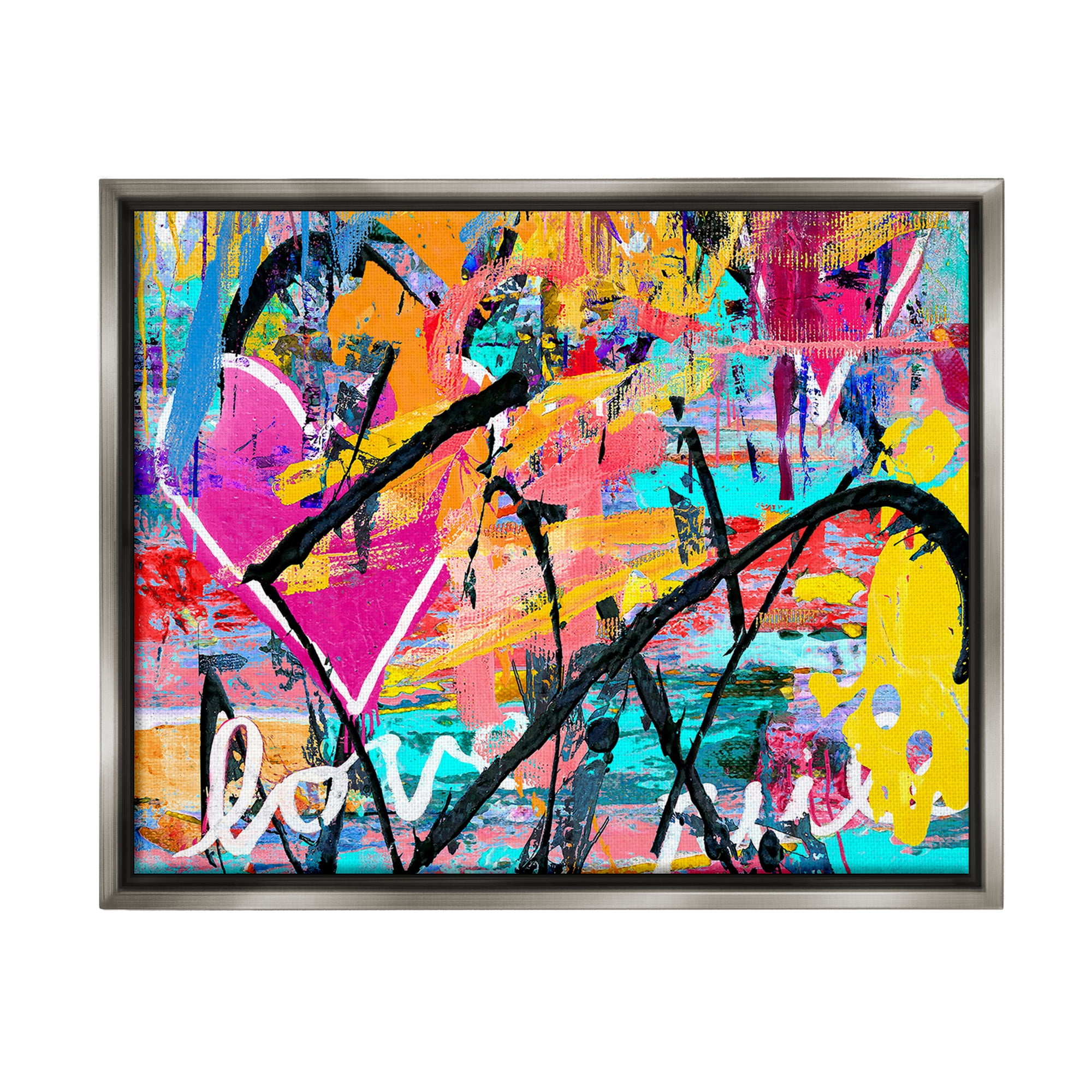 Stupell Industries Vivid Love Graffiti Collage Abstract Painting Gray Floater Framed Canvas Art Print Wall Art, 31 x 25