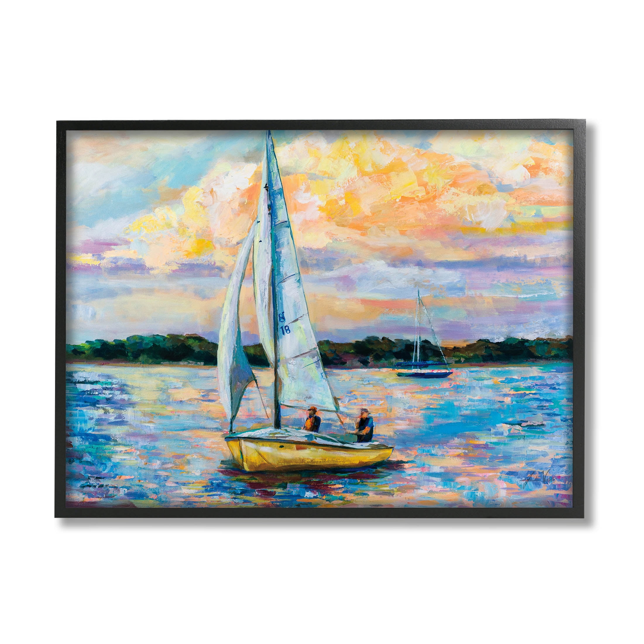 Stupell Industries Vivid Nautical Sailboat Landscape Painting Black Framed Art Print Wall Art, Design by Jeanette Vertentes
