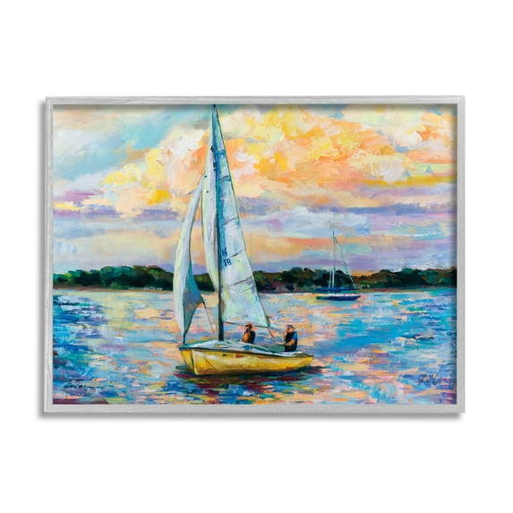 Stupell Industries Vivid Nautical Sailboat Landscape Painting Gray Framed Art Print Wall Art, Design by Jeanette Vertentes