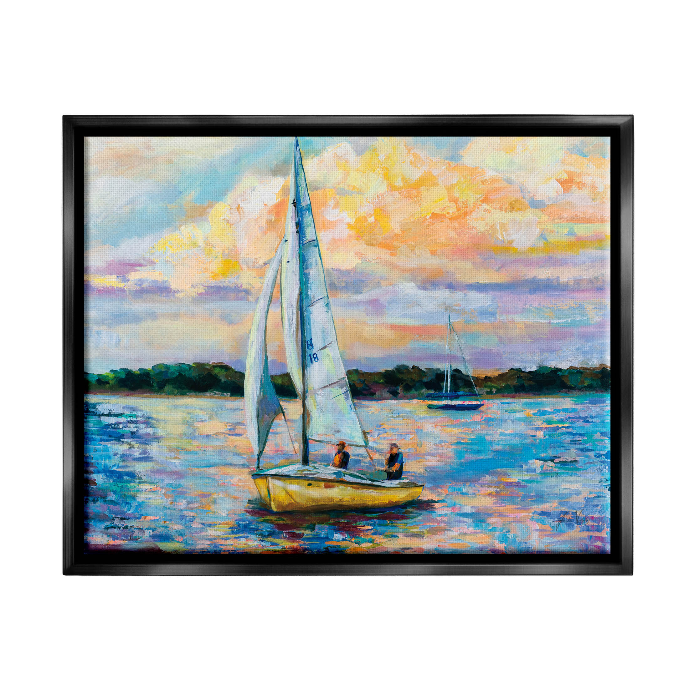 Stupell Industries Vivid Nautical Sailboat Landscape Painting Jet Black Floating Framed Canvas Print Wall Art, Design by Jeanette Vertentes