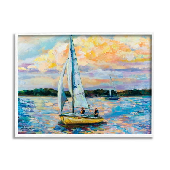Stupell Industries Vivid Nautical Sailboat Landscape Painting White Framed Art Print Wall Art, Design by Jeanette Vertentes