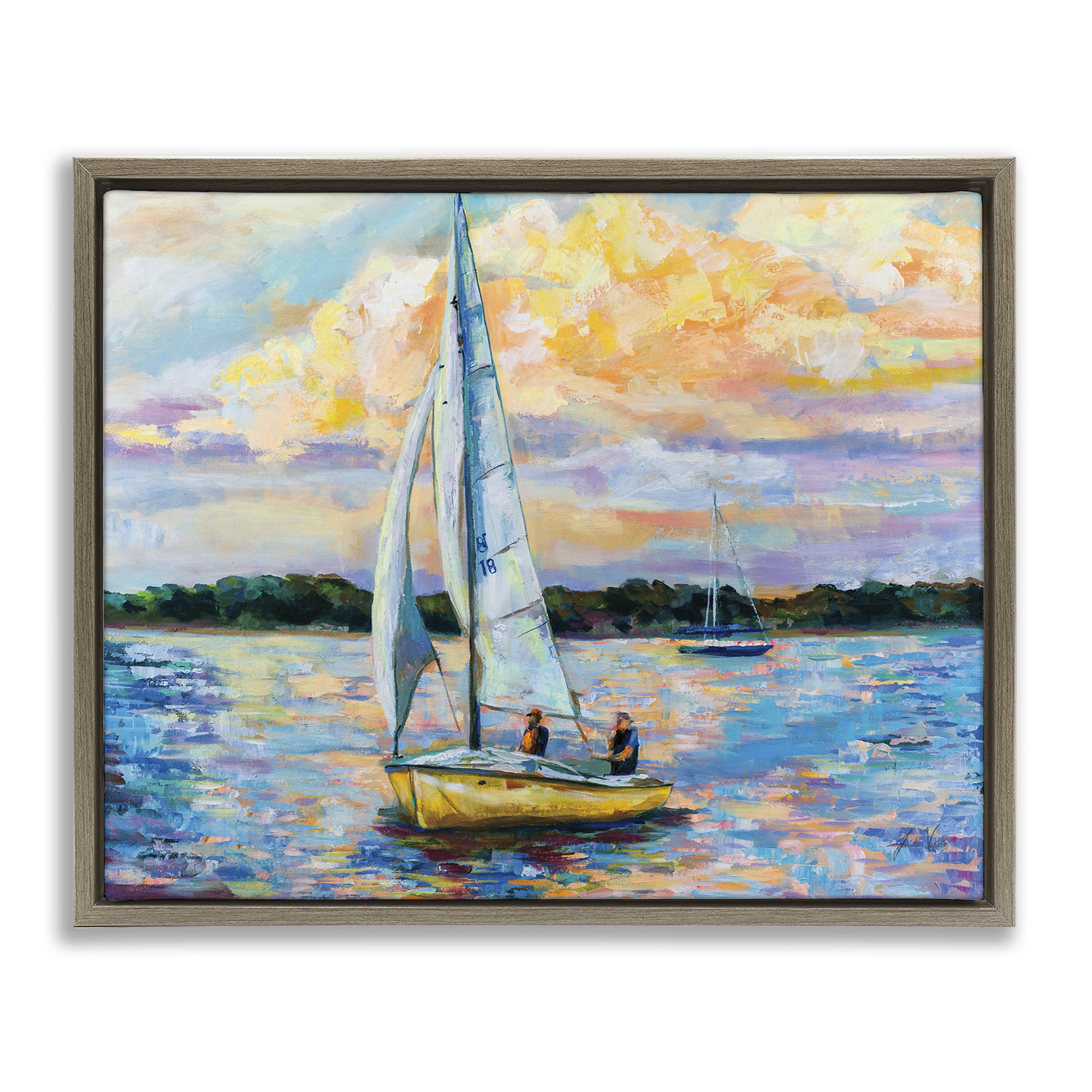 Stupell Industries Vivid Nautical Sailboat Landscape Transportation Painting Brown Floater Framed Canvas Art Print Wall Art, 21 x 17