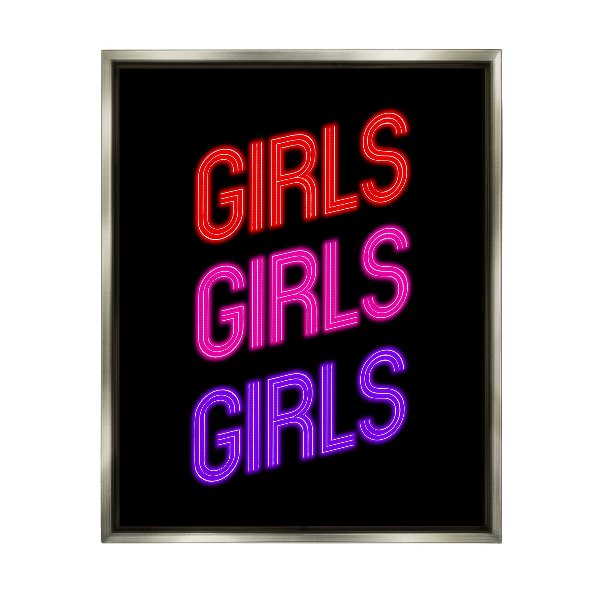 Stupell Industries Vivid Neon Girls Sign Inspirational Painting Gray Floater Framed Canvas Art Print Wall Art, 17 x 21