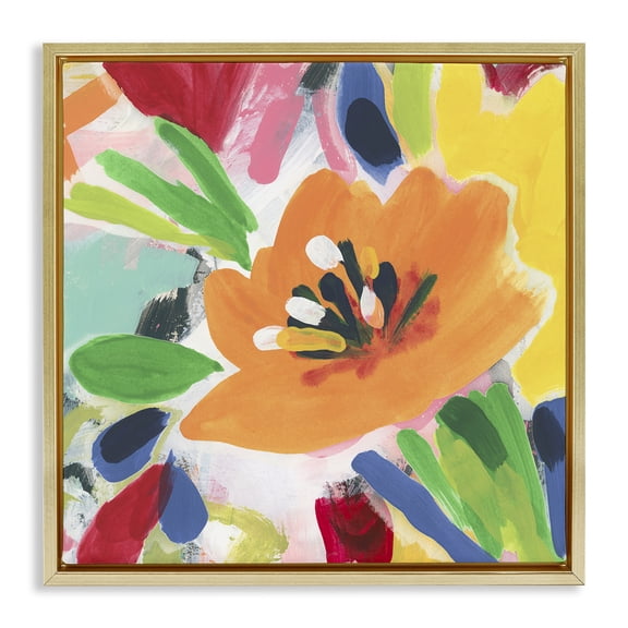 Stupell Industries Vivid Orange Flower Impressions Floral Painting Gold Floater Framed Canvas Art Print Wall Art, 18 x 18