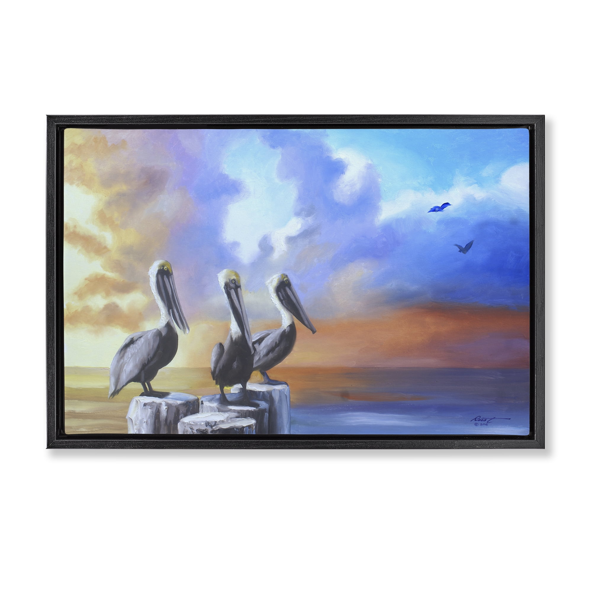 Stupell Industries Vivid Pelican Trio Landscape Painting Black Floater Framed Canvas Art Print Wall Art, 31 x 21