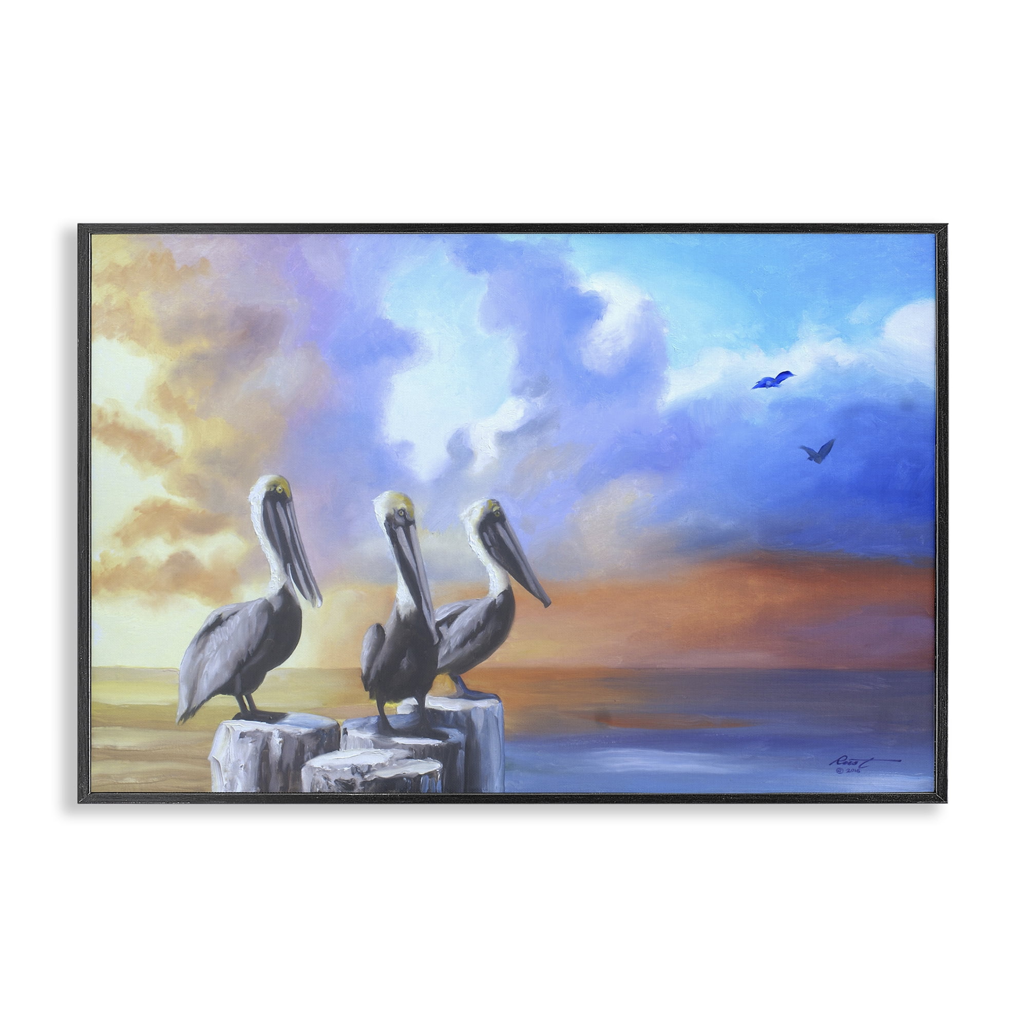 Stupell Industries Vivid Pelican Trio Landscape Painting Black Framed Art Print Wall Art, 30 x 20