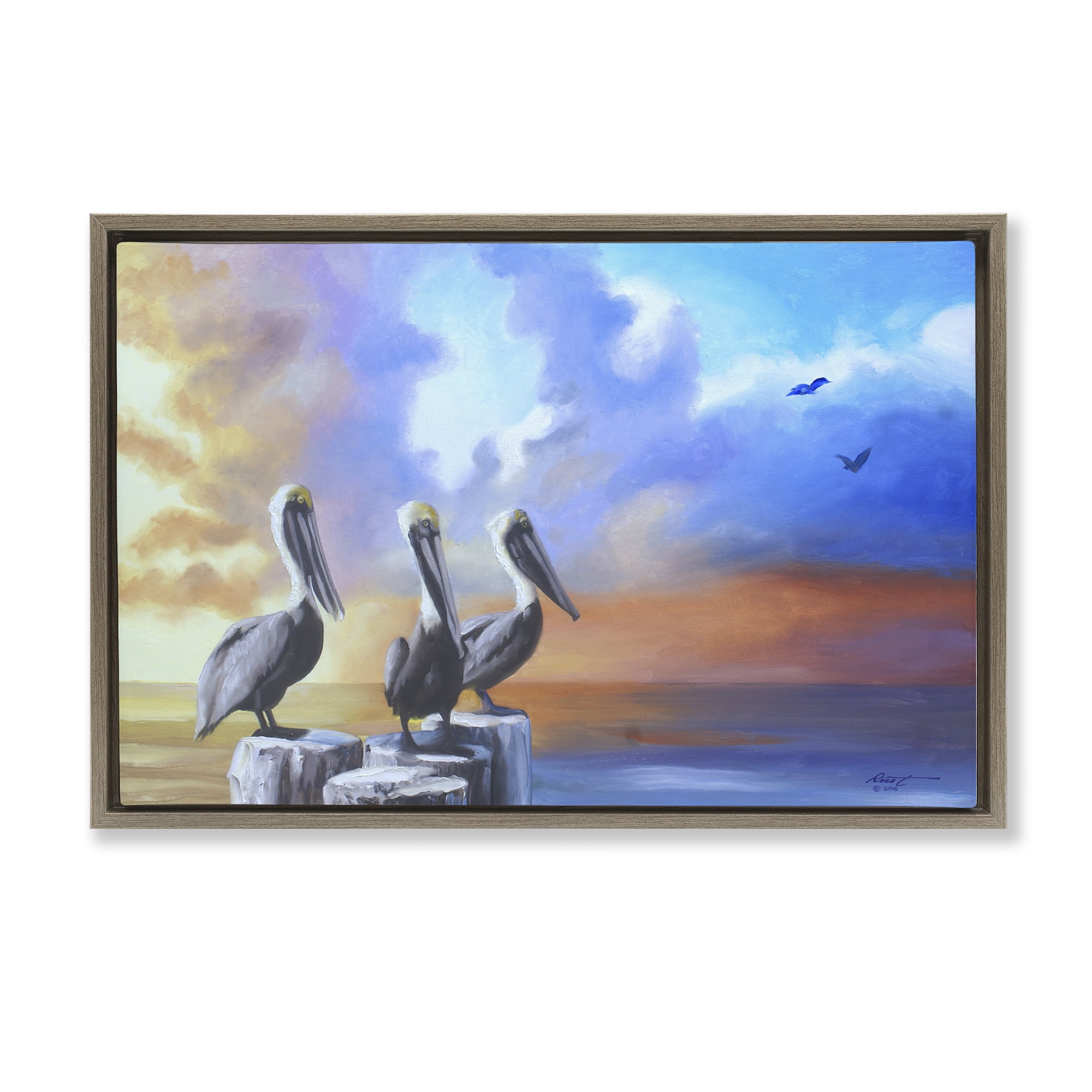 Stupell Industries Vivid Pelican Trio Landscape Painting Brown Floater Framed Canvas Art Print Wall Art, 31 x 21
